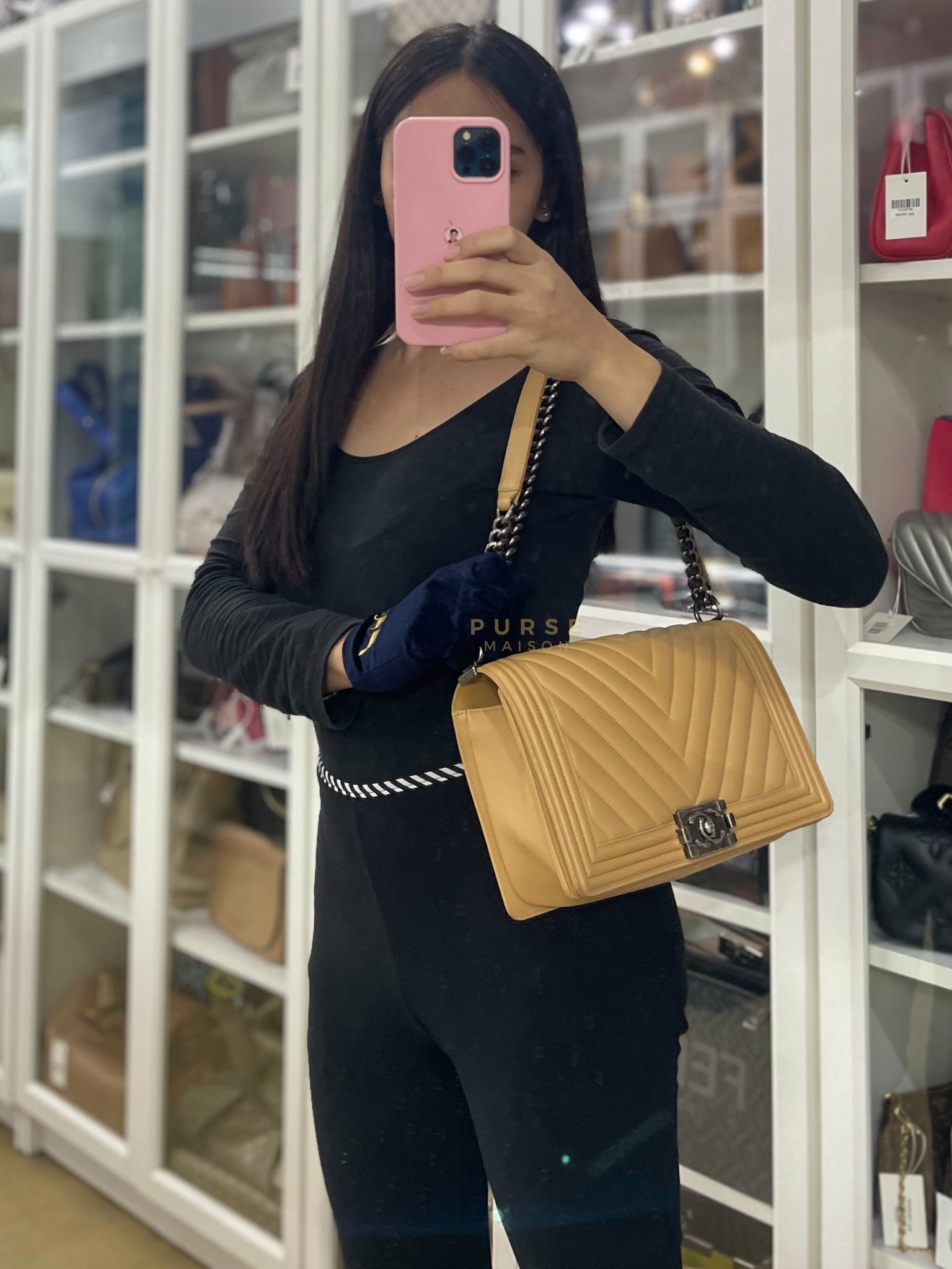 Boy Chevron Beige in Calfskin Leather and Ruthenium Hardware Series 22 | Purse Maison Luxury Bags Shop