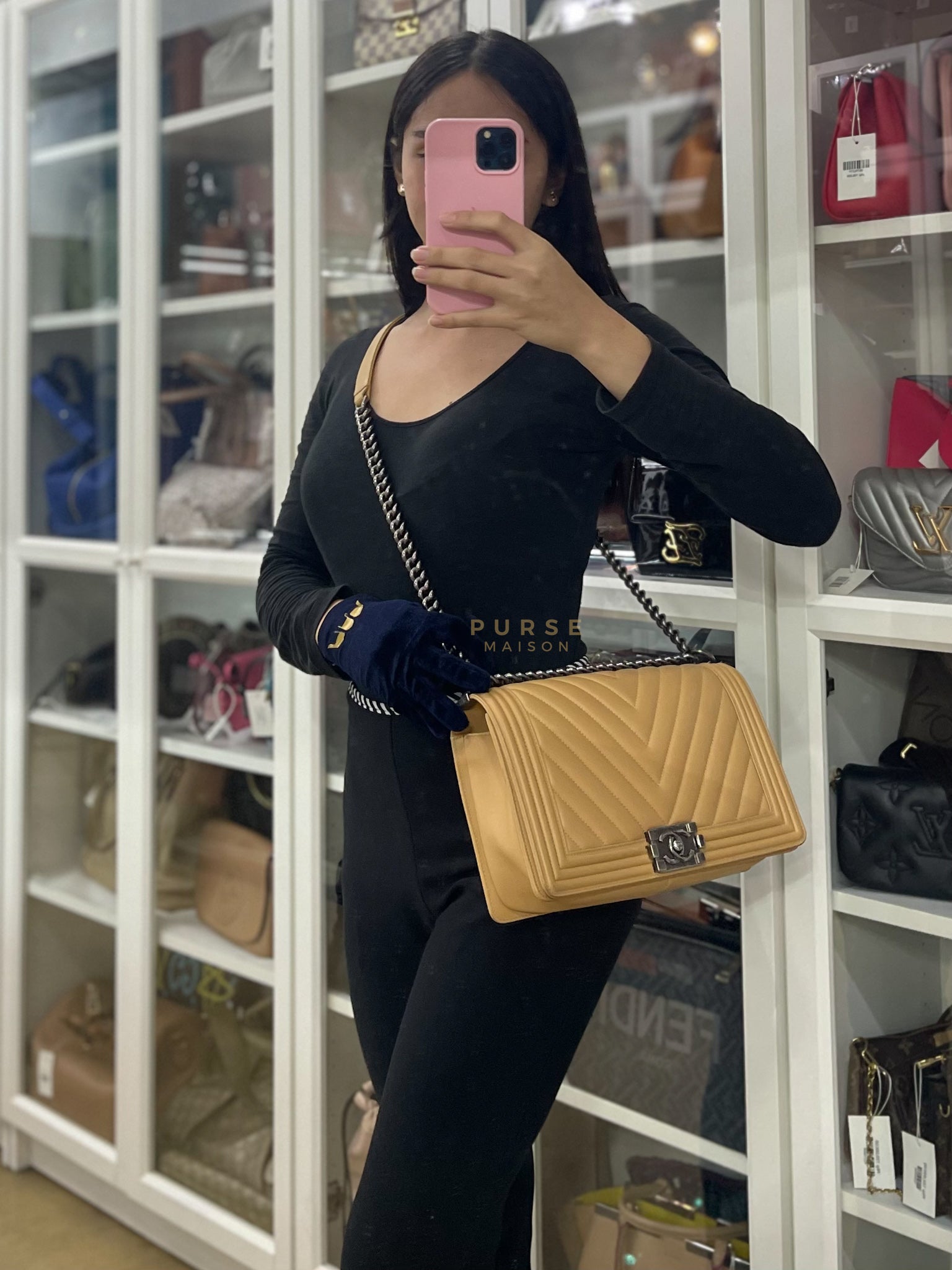 Boy Chevron Beige in Calfskin Leather and Ruthenium Hardware Series 22 | Purse Maison Luxury Bags Shop