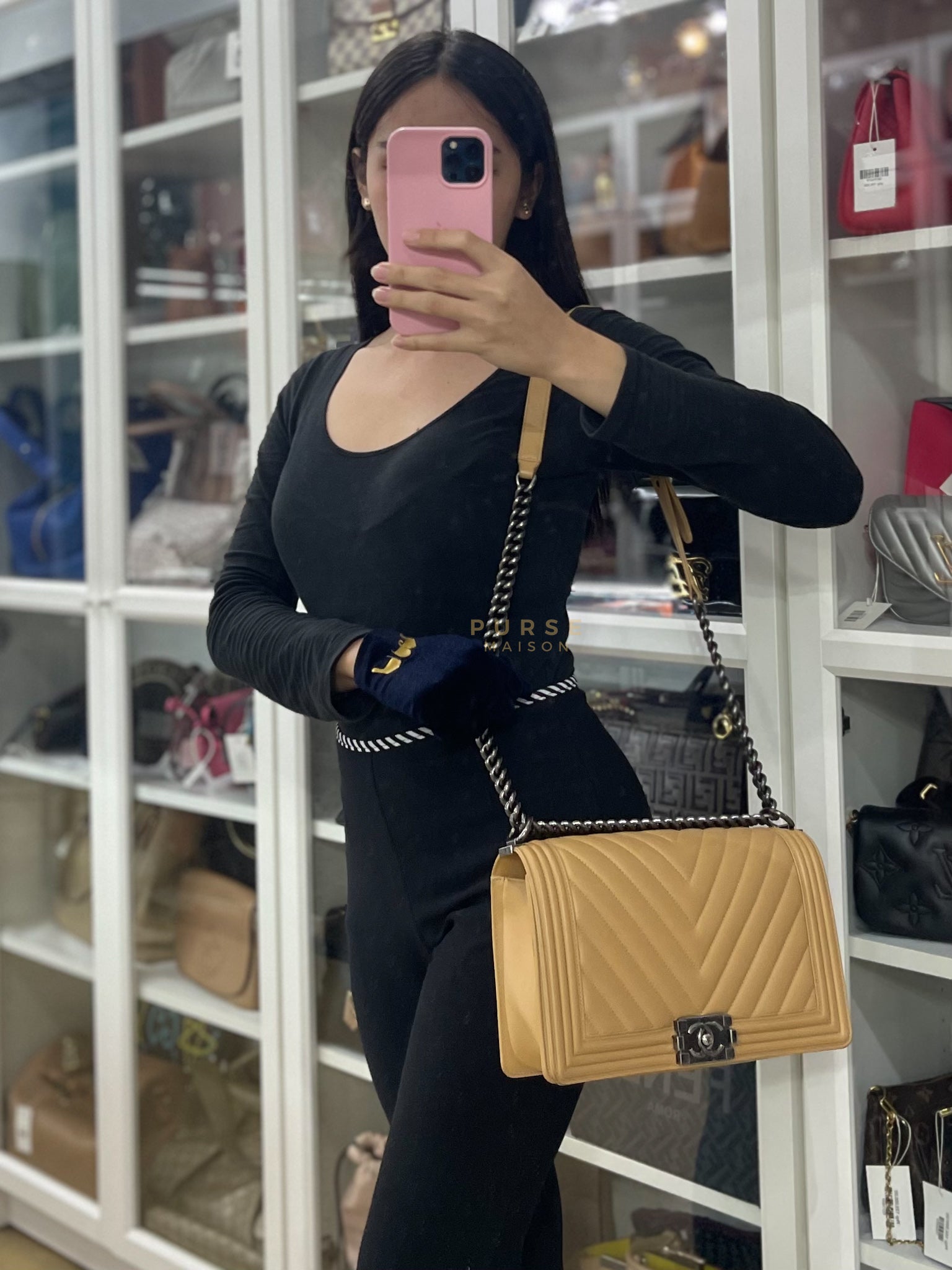 Boy Chevron Beige in Calfskin Leather and Ruthenium Hardware Series 22 | Purse Maison Luxury Bags Shop