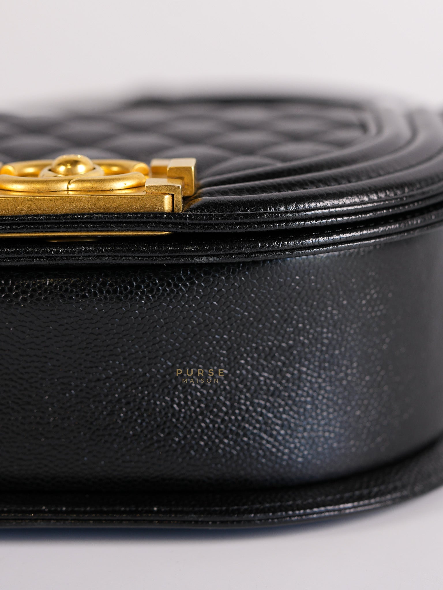 Boy Crescent Black Quilted Caviar Leather Aged Gold Hardware (Microchip) | Purse Maison Luxury Bags Shop