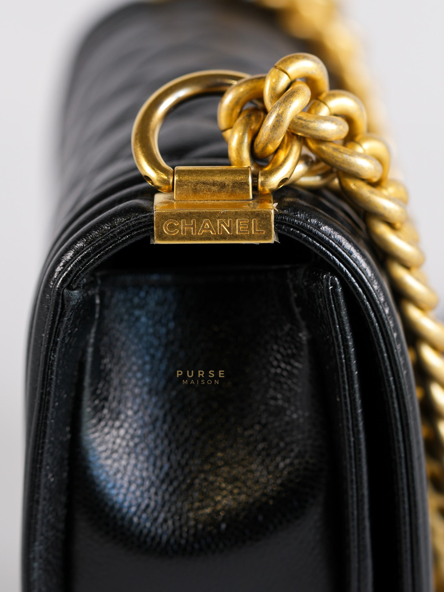 Boy Crescent Black Quilted Caviar Leather Aged Gold Hardware (Microchip) | Purse Maison Luxury Bags Shop
