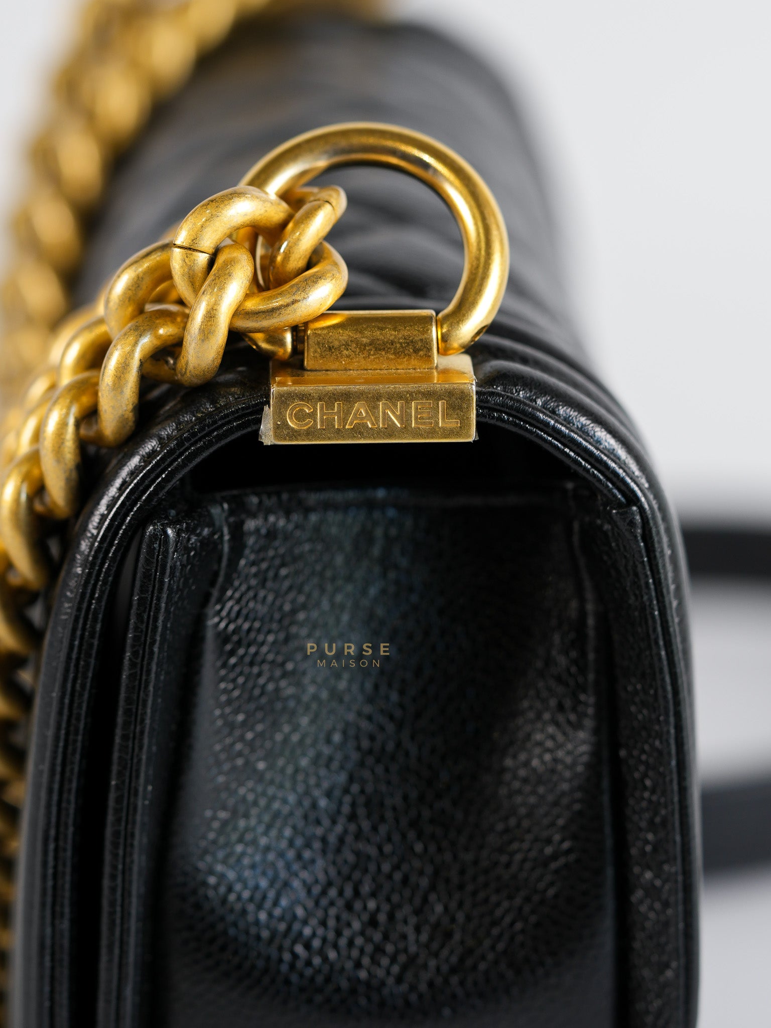 Boy Crescent Black Quilted Caviar Leather Aged Gold Hardware (Microchip) | Purse Maison Luxury Bags Shop