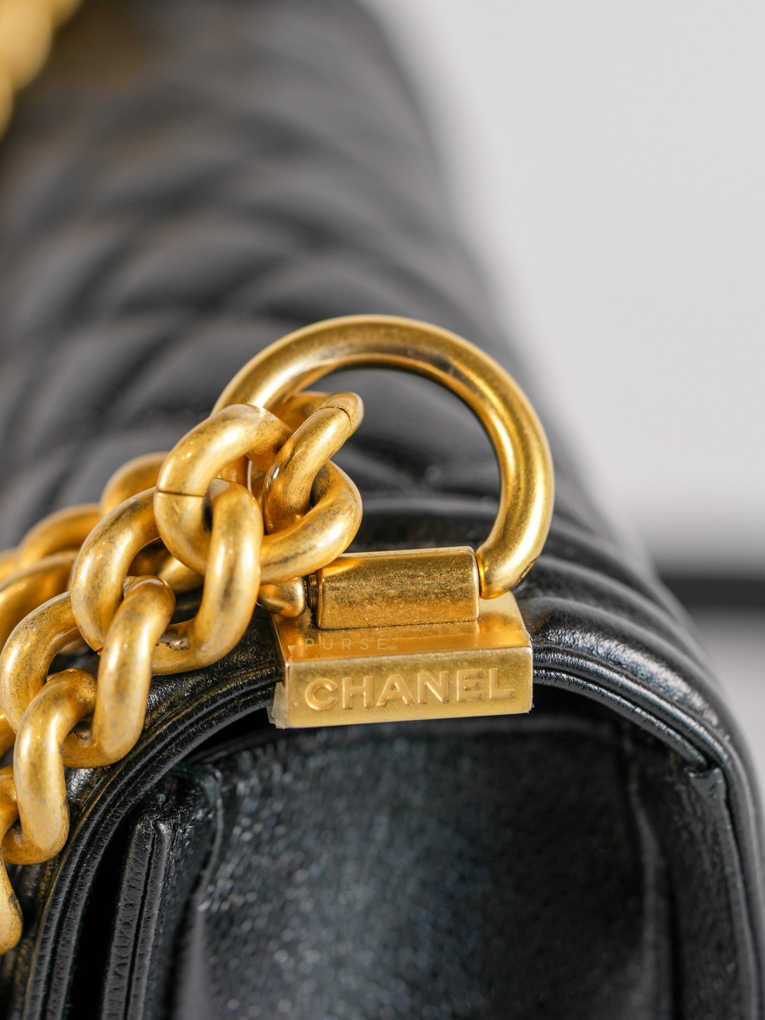 Boy Crescent Black Quilted Caviar Leather Aged Gold Hardware (Microchip) | Purse Maison Luxury Bags Shop