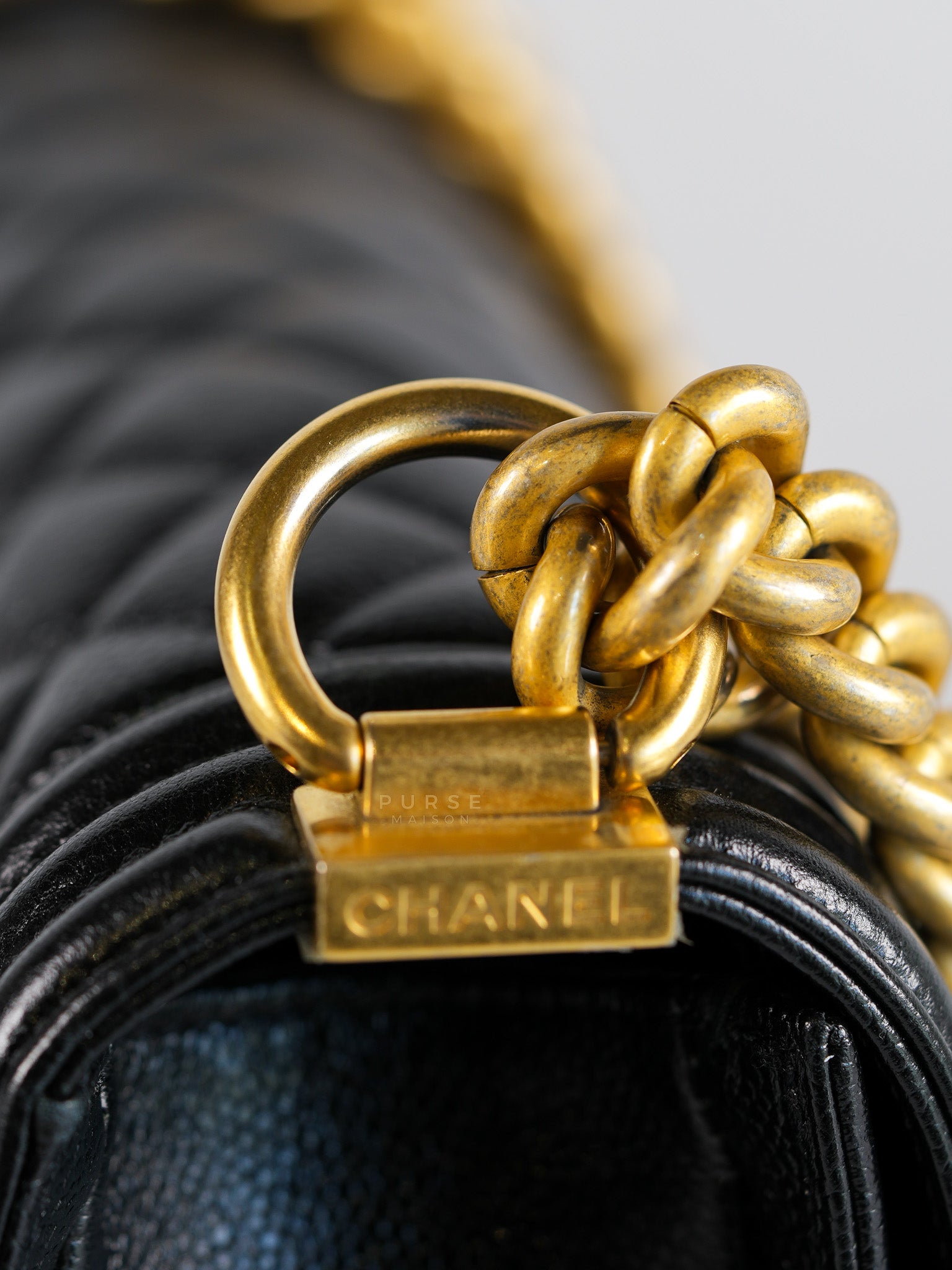Boy Crescent Black Quilted Caviar Leather Aged Gold Hardware (Microchip) | Purse Maison Luxury Bags Shop