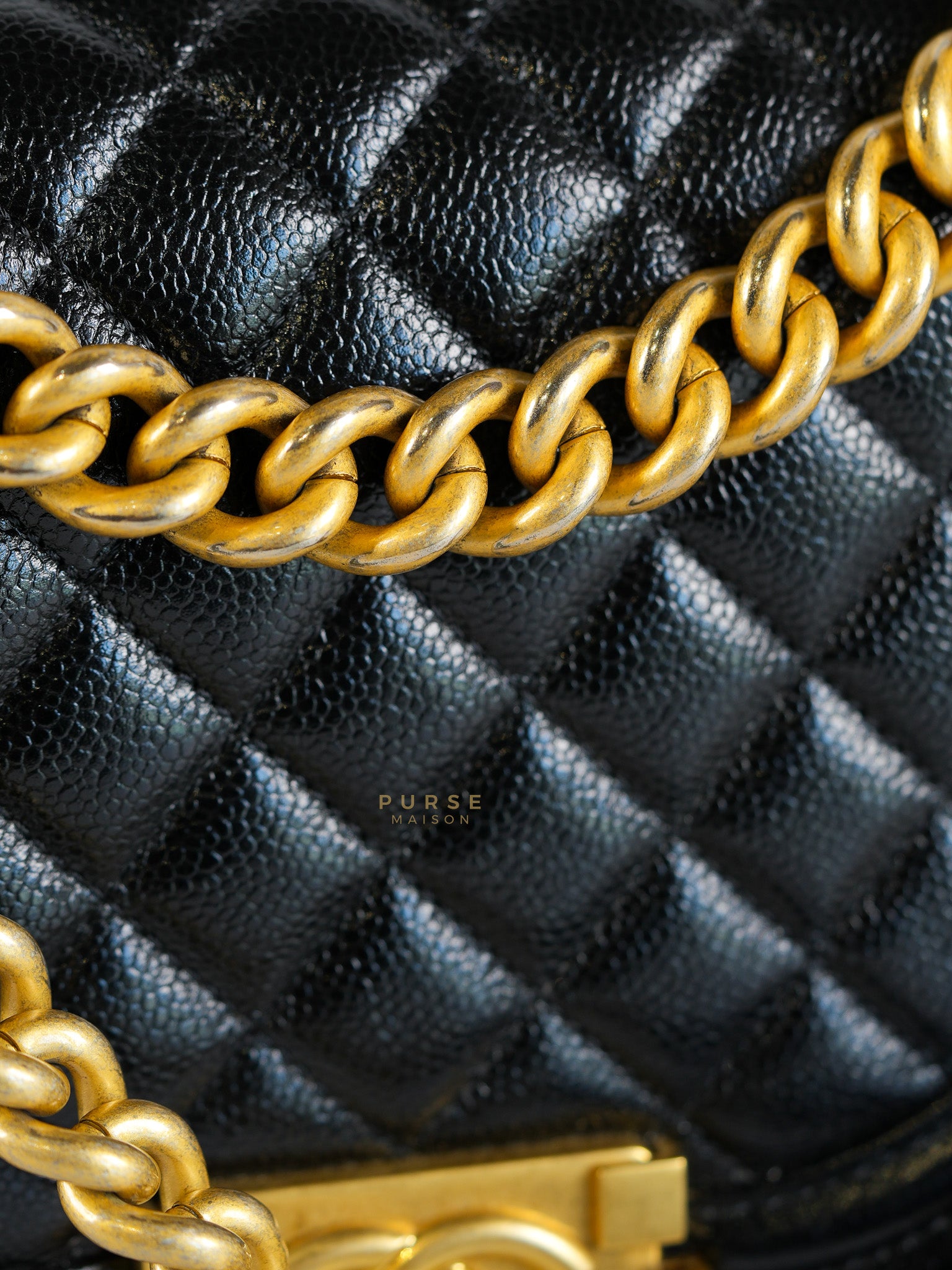 Boy Crescent Black Quilted Caviar Leather Aged Gold Hardware (Microchip) | Purse Maison Luxury Bags Shop