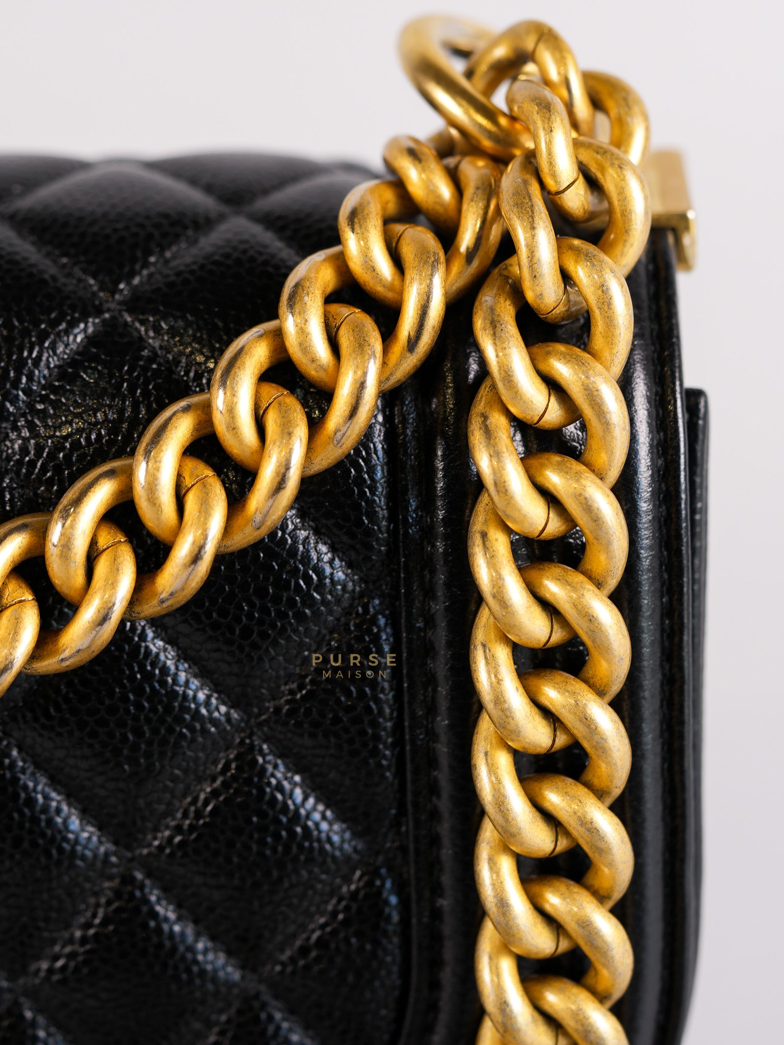 Boy Crescent Black Quilted Caviar Leather Aged Gold Hardware (Microchip) | Purse Maison Luxury Bags Shop