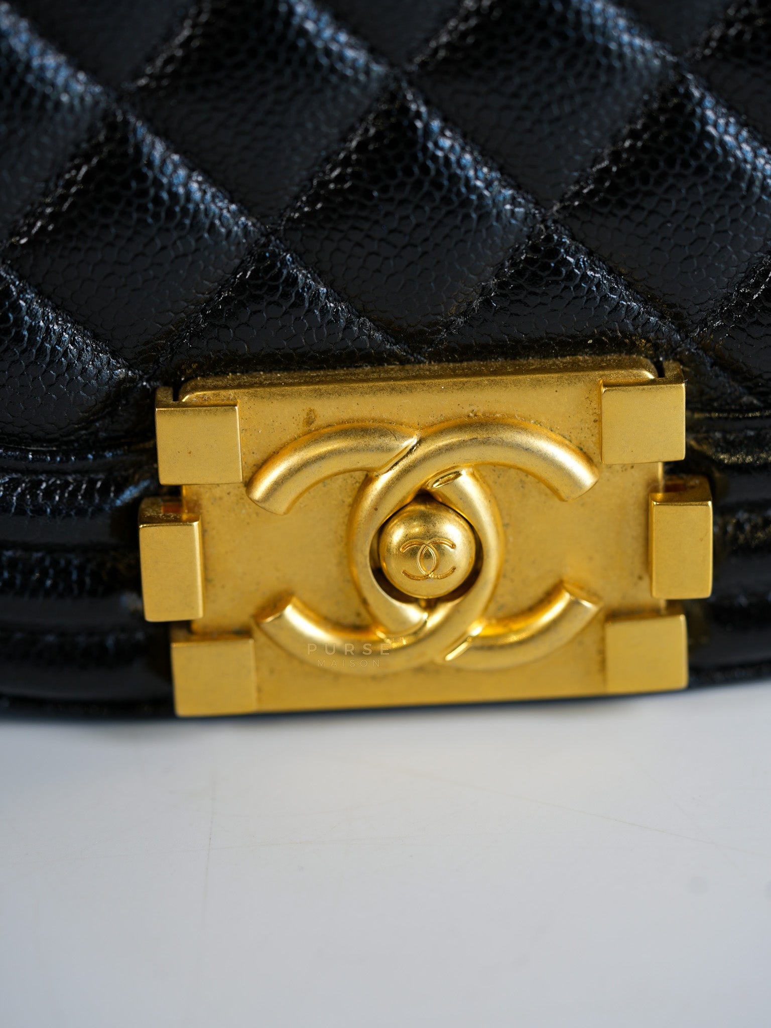 Boy Crescent Black Quilted Caviar Leather Aged Gold Hardware (Microchip) | Purse Maison Luxury Bags Shop