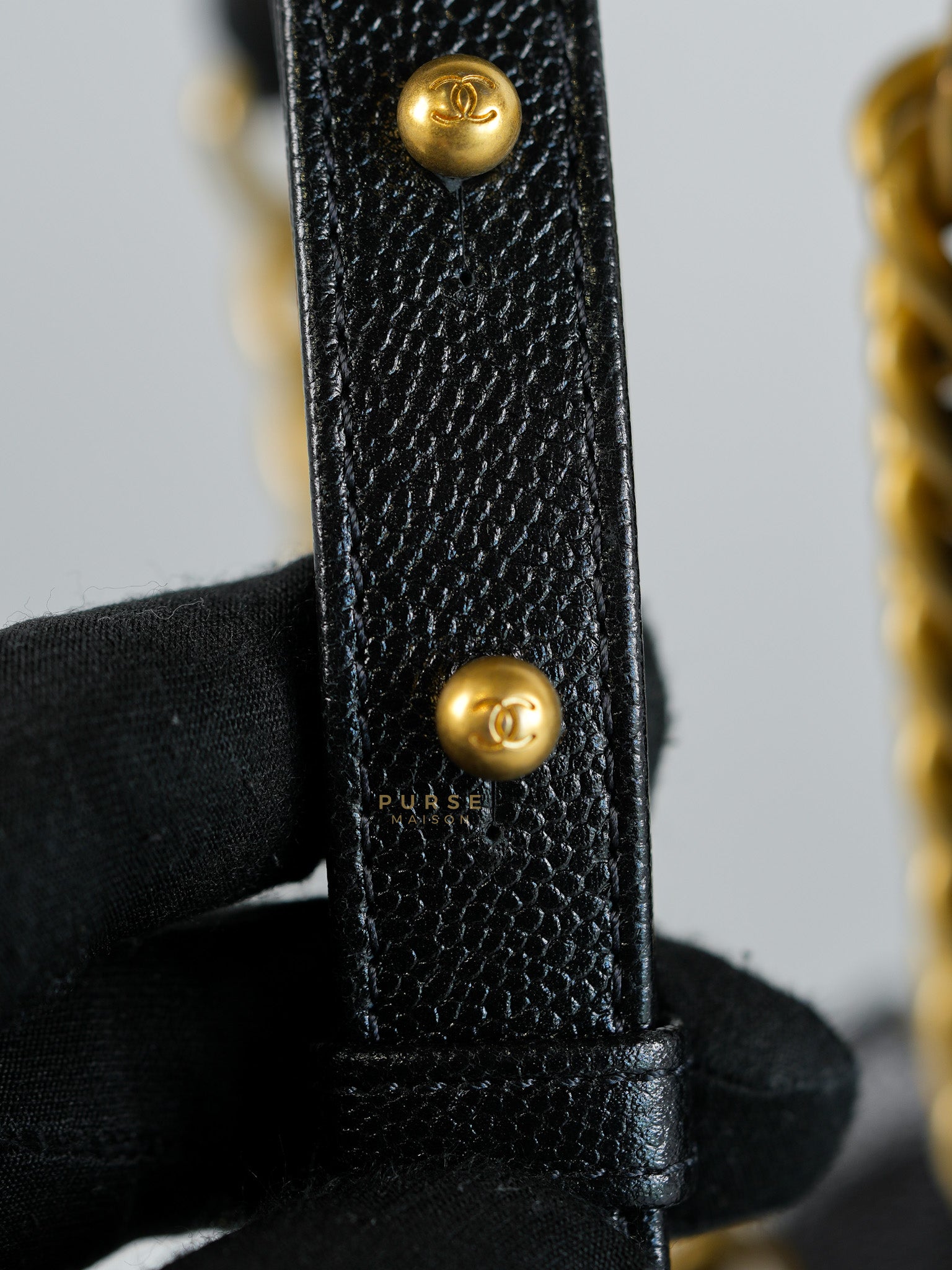 Boy Crescent Black Quilted Caviar Leather Aged Gold Hardware (Microchip) | Purse Maison Luxury Bags Shop