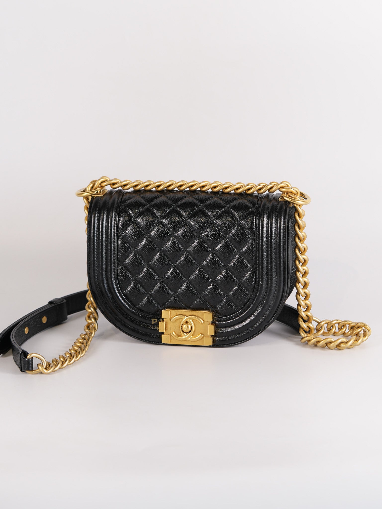 Boy Crescent Black Quilted Caviar Leather Aged Gold Hardware (Microchip) | Purse Maison Luxury Bags Shop