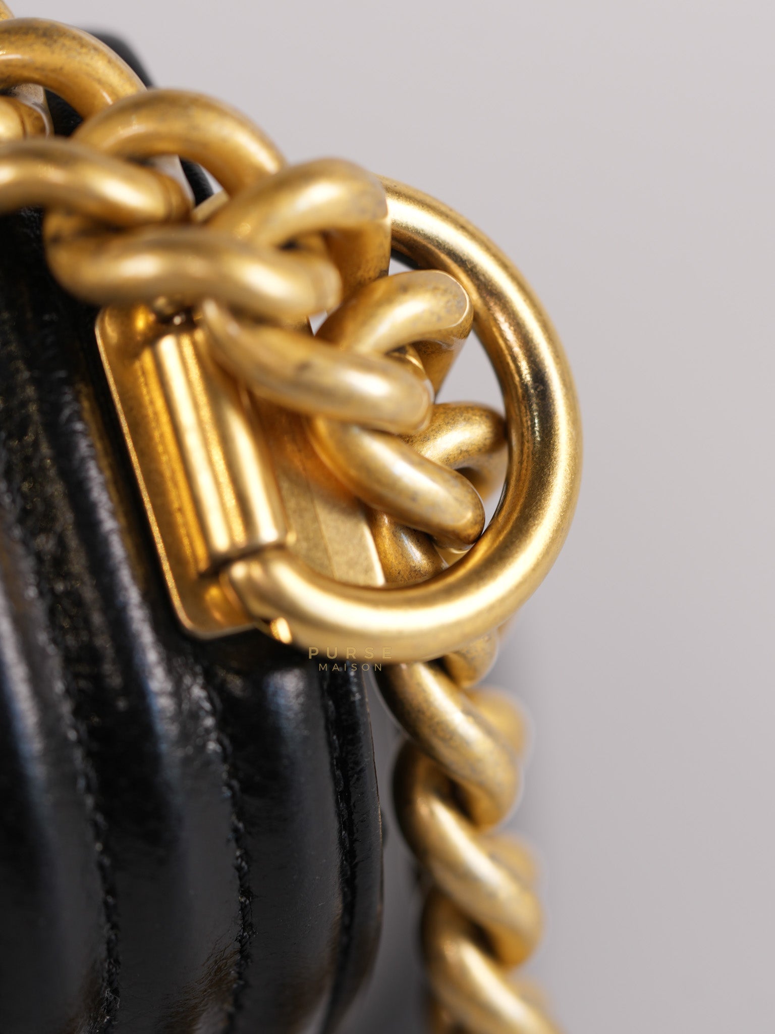 Boy Crescent Black Quilted Caviar Leather Aged Gold Hardware (Microchip) | Purse Maison Luxury Bags Shop