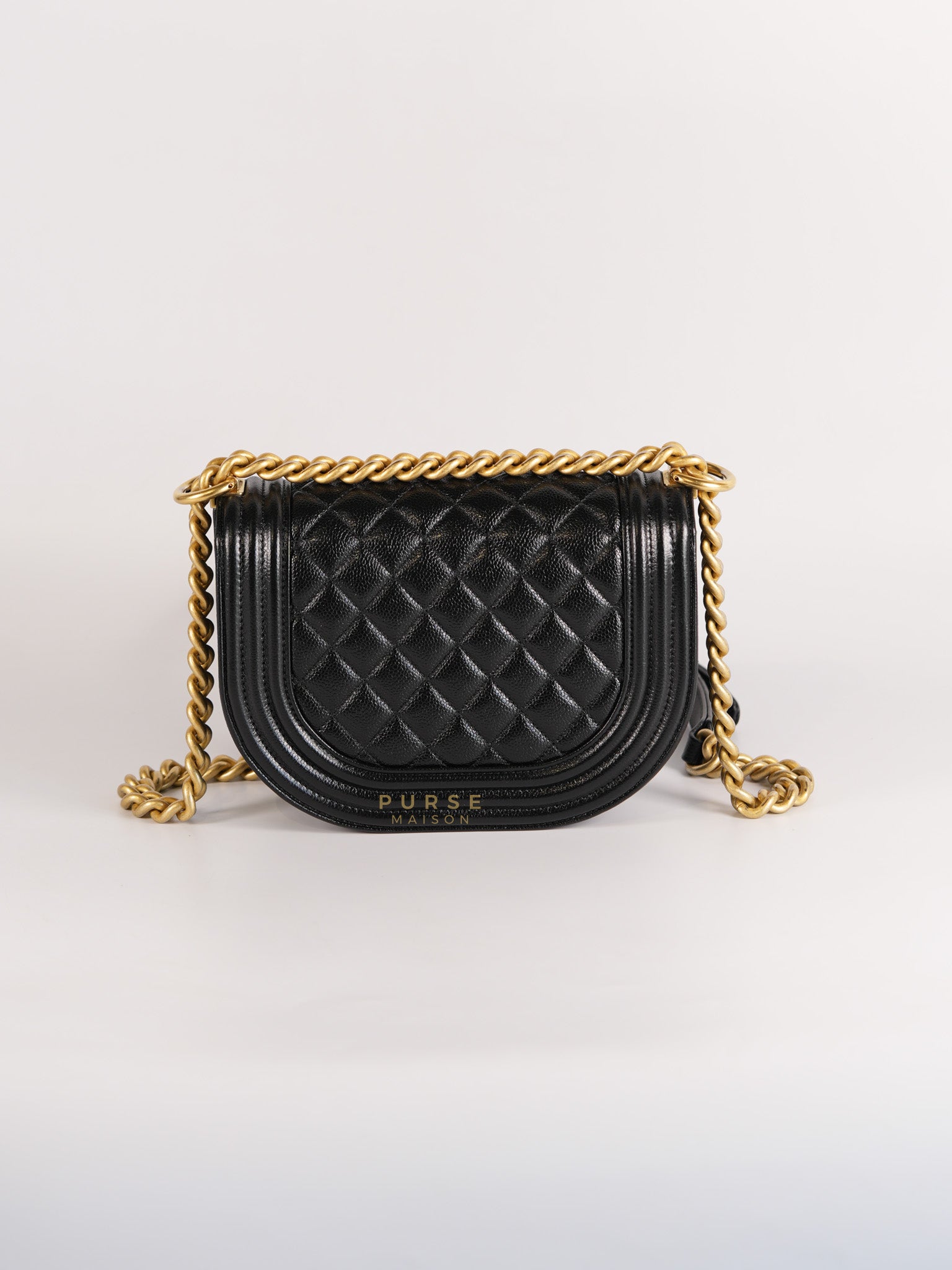 Boy Crescent Black Quilted Caviar Leather Aged Gold Hardware (Microchip) | Purse Maison Luxury Bags Shop