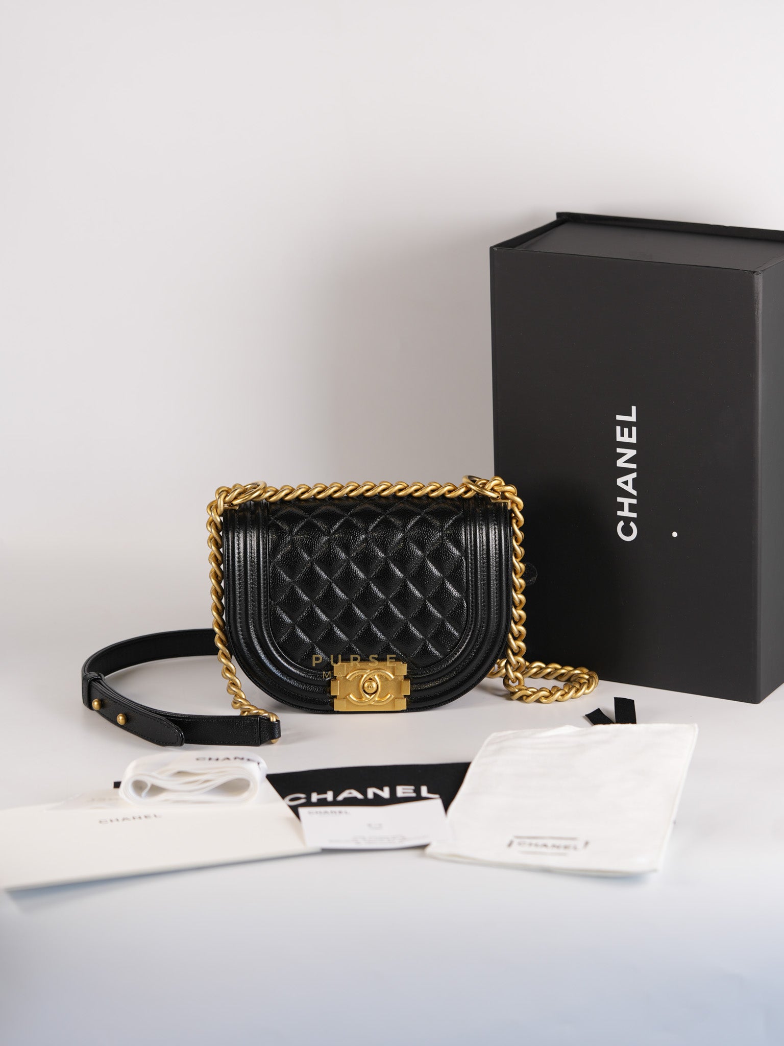 Boy Crescent Black Quilted Caviar Leather Aged Gold Hardware (Microchip) | Purse Maison Luxury Bags Shop
