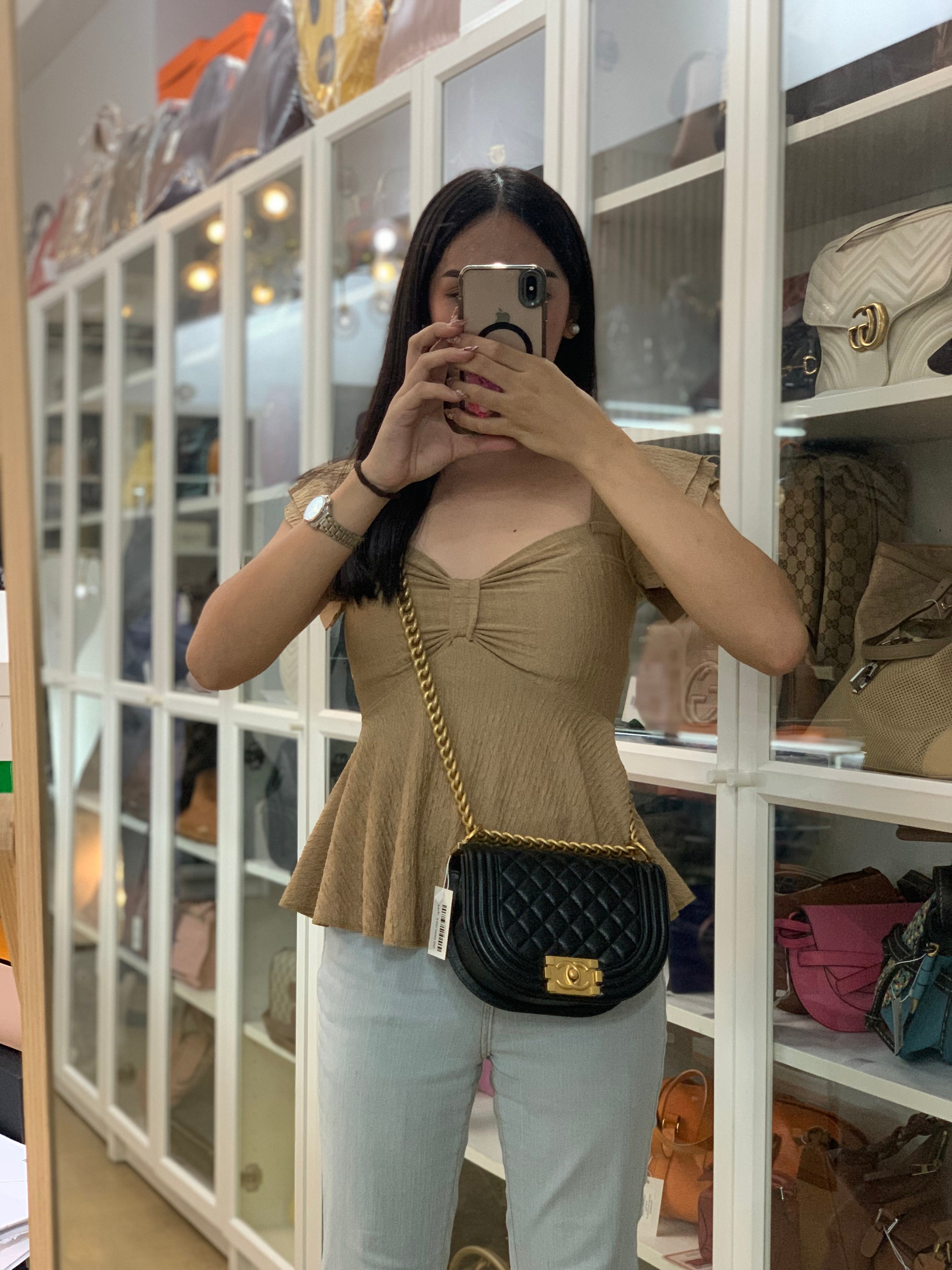 Boy Crescent Black Quilted Caviar Leather Aged Gold Hardware (Microchip) | Purse Maison Luxury Bags Shop