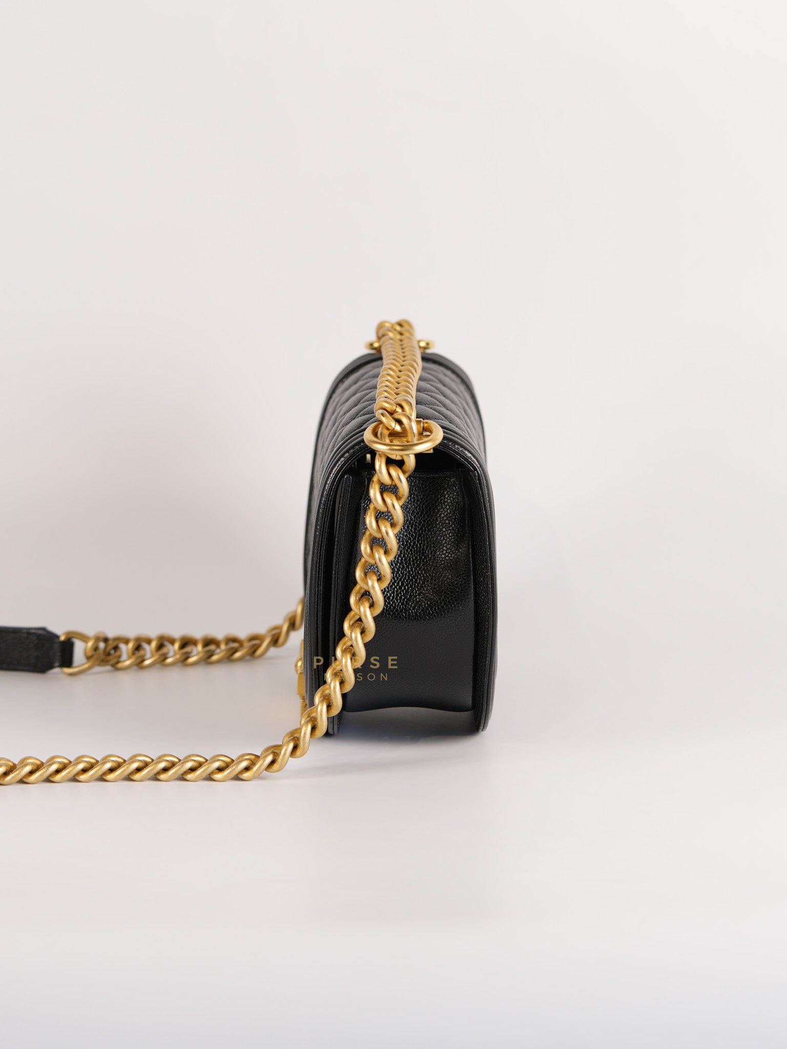 Boy Crescent Black Quilted Caviar Leather Aged Gold Hardware (Microchip) | Purse Maison Luxury Bags Shop