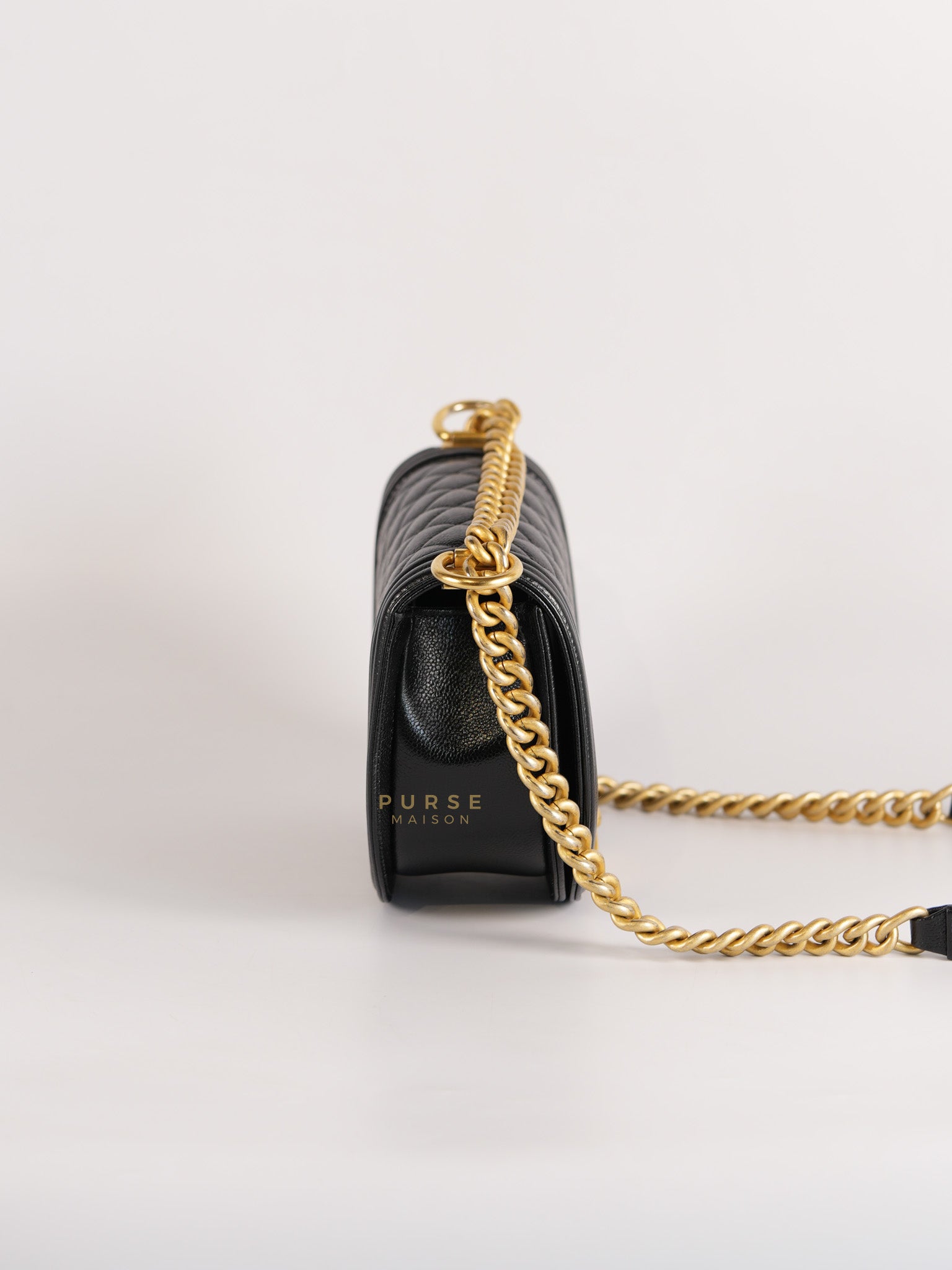 Boy Crescent Black Quilted Caviar Leather Aged Gold Hardware (Microchip) | Purse Maison Luxury Bags Shop