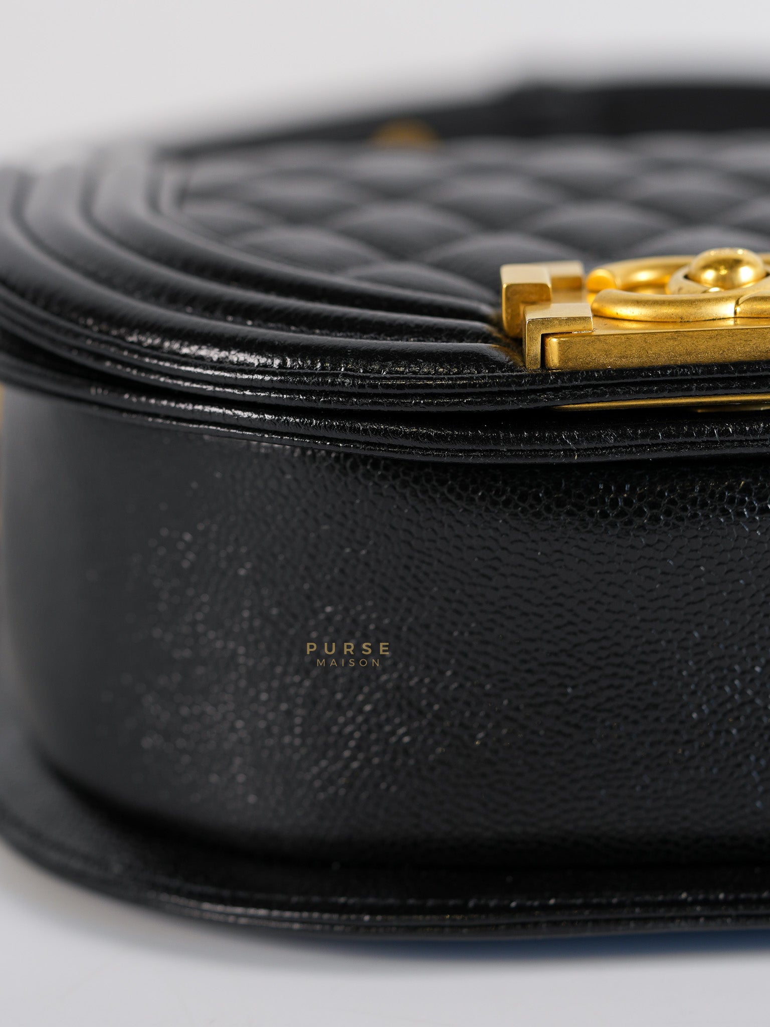 Boy Crescent Black Quilted Caviar Leather Aged Gold Hardware (Microchip) | Purse Maison Luxury Bags Shop
