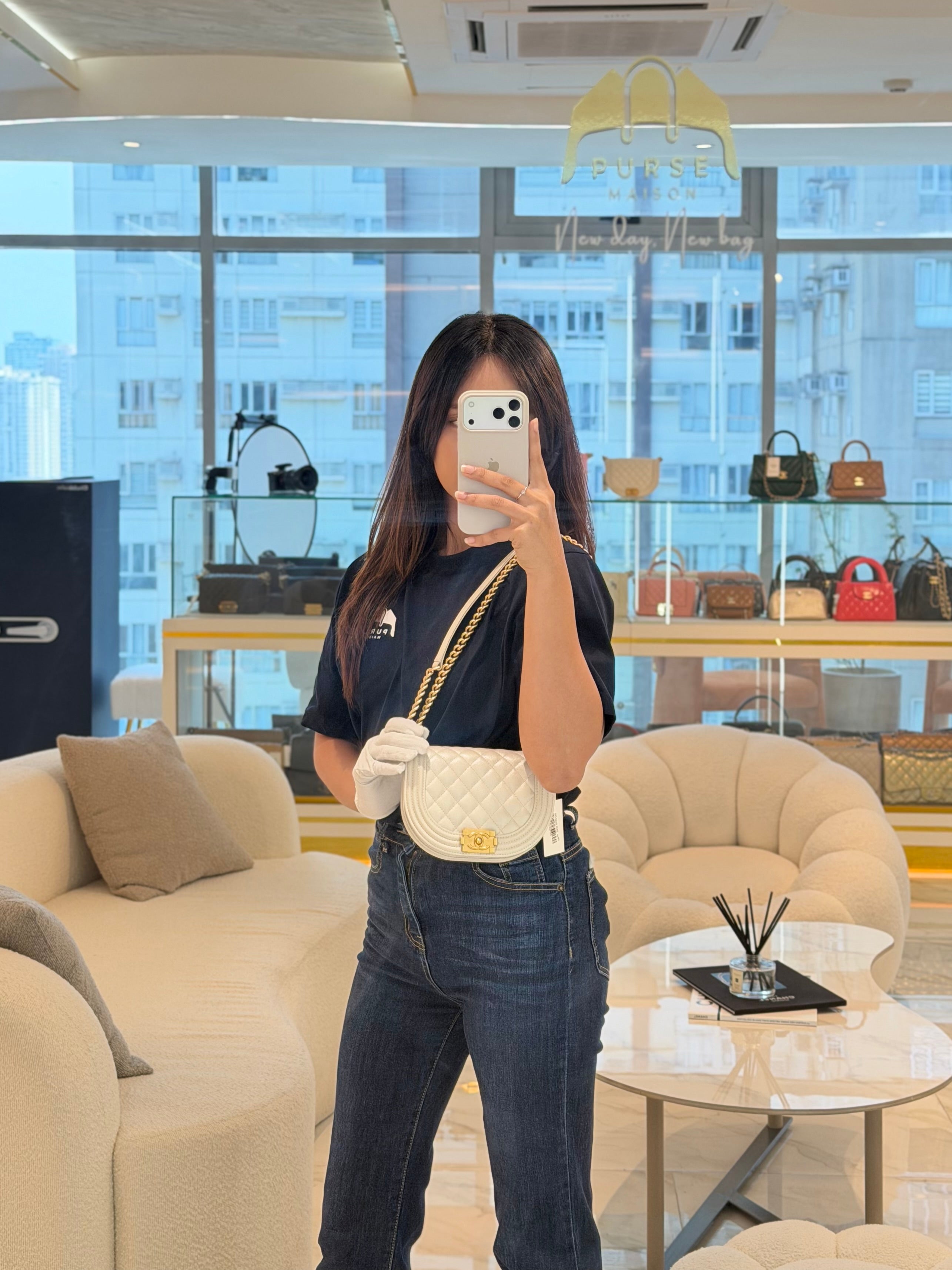 Boy Crescent Messenger Small Bag in Iridescent White Caviar & Aged Gold Hardware (Microchip) | Purse Maison Luxury Bags Shop