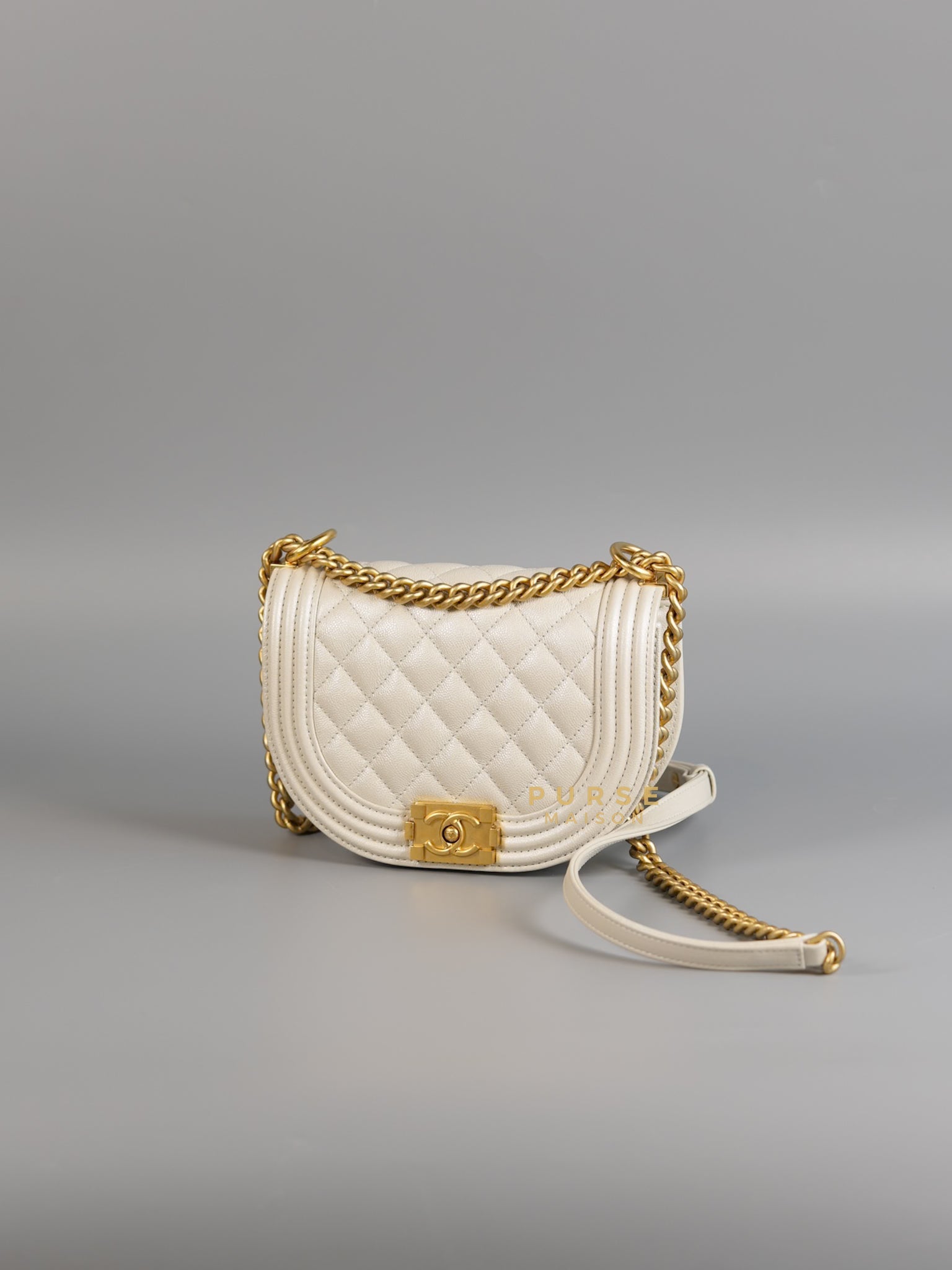 Boy Crescent Messenger Small Bag in Iridescent White Caviar & Aged Gold Hardware (Microchip) | Purse Maison Luxury Bags Shop