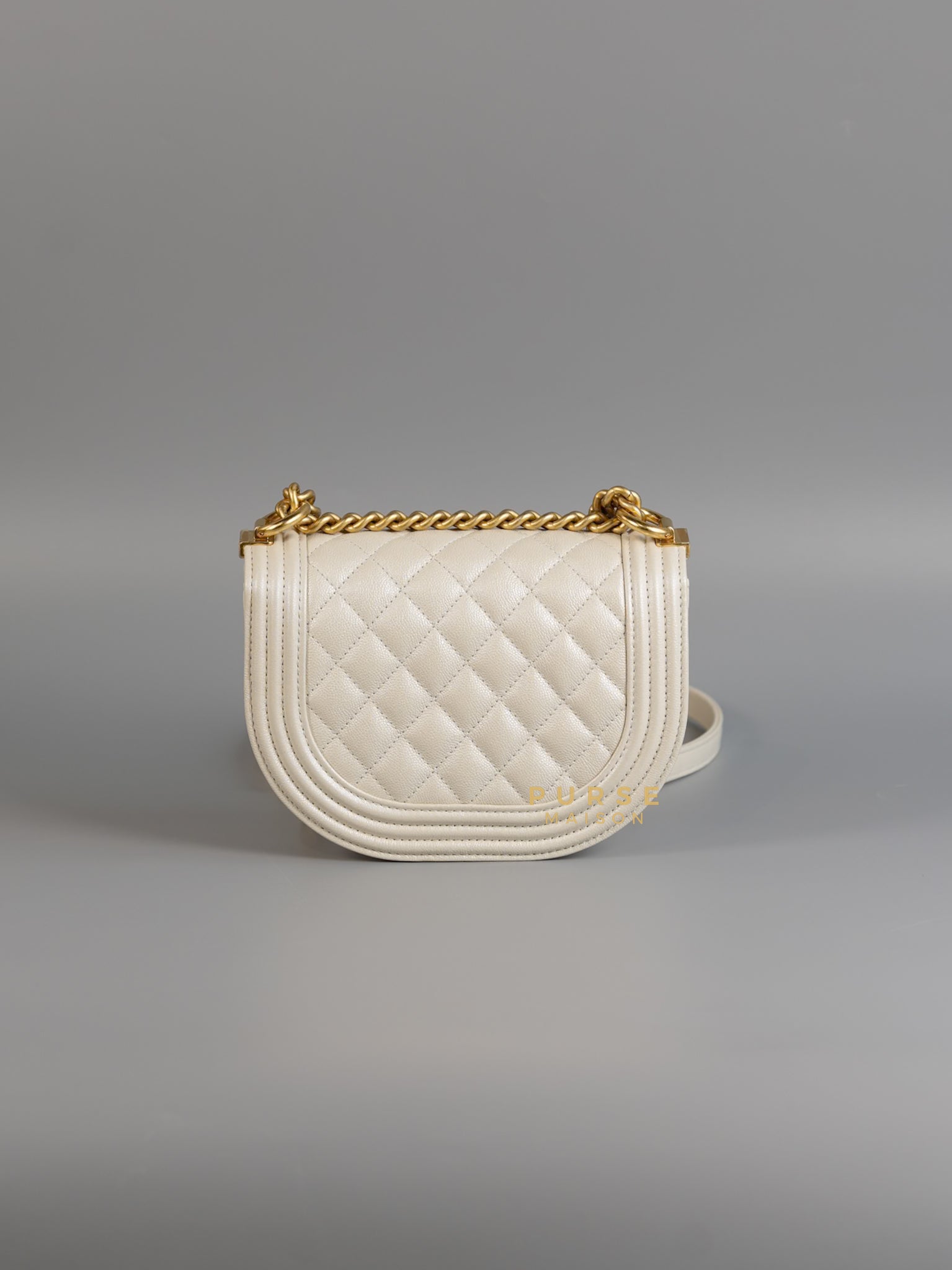 Boy Crescent Messenger Small Bag in Iridescent White Caviar & Aged Gold Hardware (Microchip) | Purse Maison Luxury Bags Shop