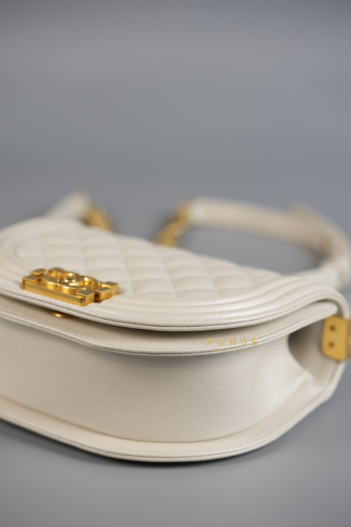 Boy Crescent Messenger Small Bag in Iridescent White Caviar & Aged Gold Hardware (Microchip) | Purse Maison Luxury Bags Shop