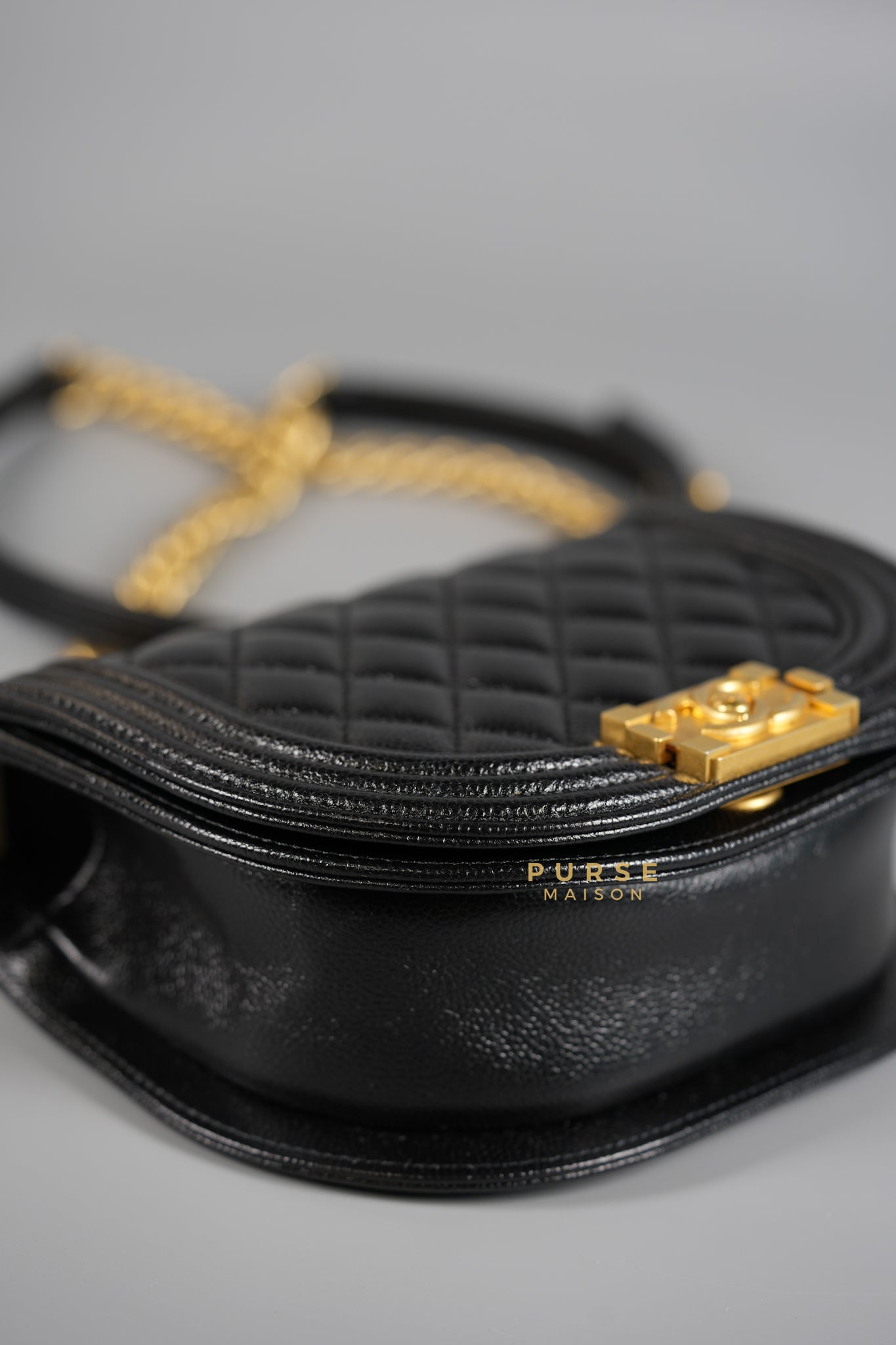 Boy Crescent Messenger Small Bag in Shiny Black Caviar & Aged Gold Hardware (Microchip) | Purse Maison Luxury Bags Shop