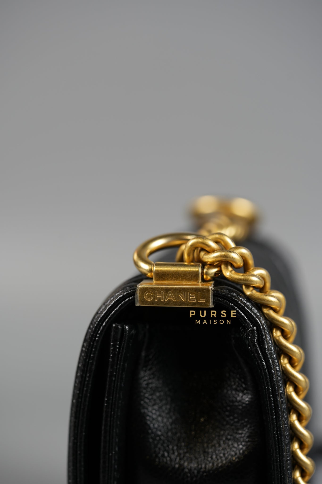 Boy Crescent Messenger Small Bag in Shiny Black Caviar & Aged Gold Hardware (Microchip) | Purse Maison Luxury Bags Shop