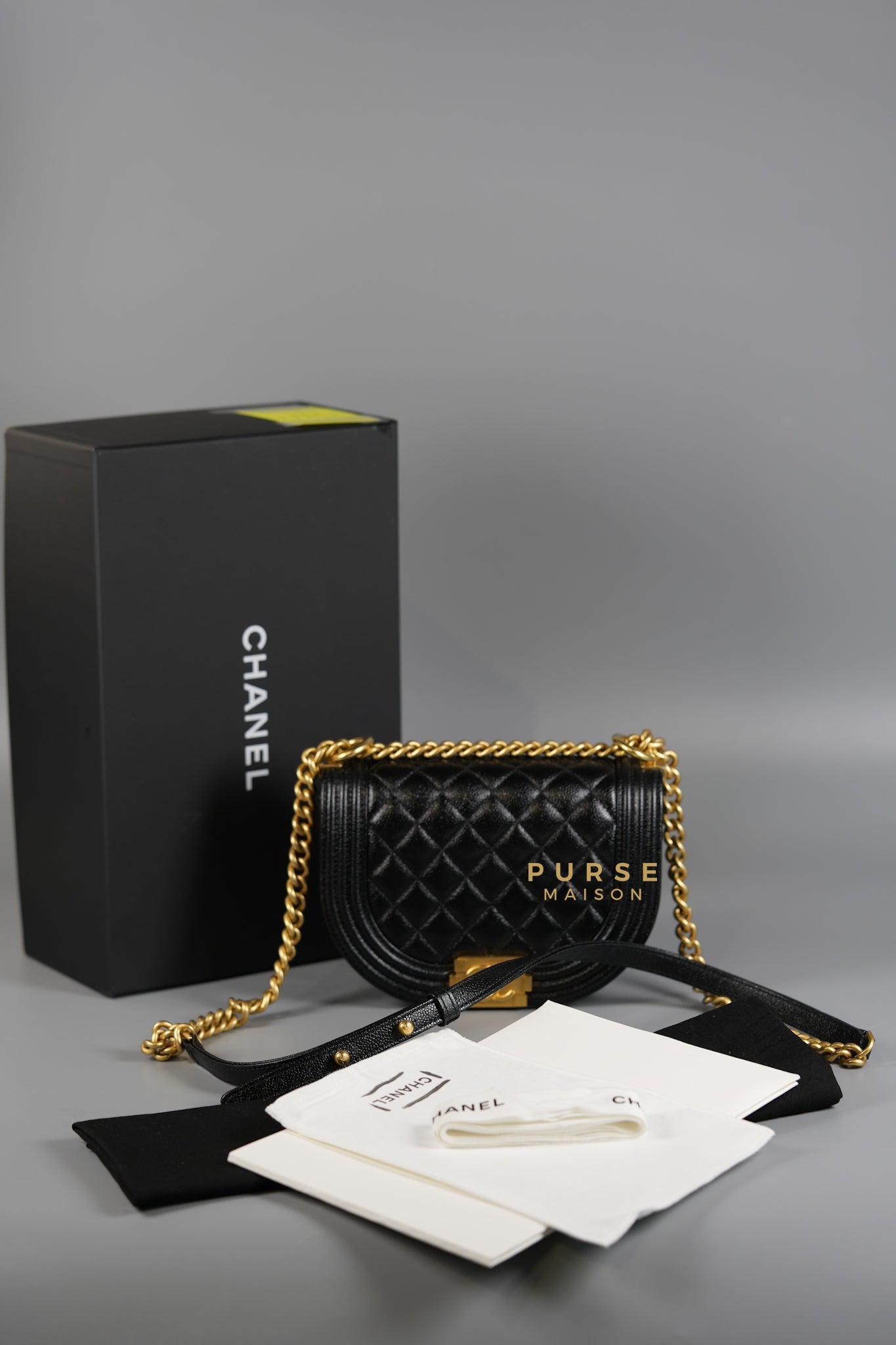 Boy Crescent Messenger Small Bag in Shiny Black Caviar & Aged Gold Hardware (Microchip) | Purse Maison Luxury Bags Shop