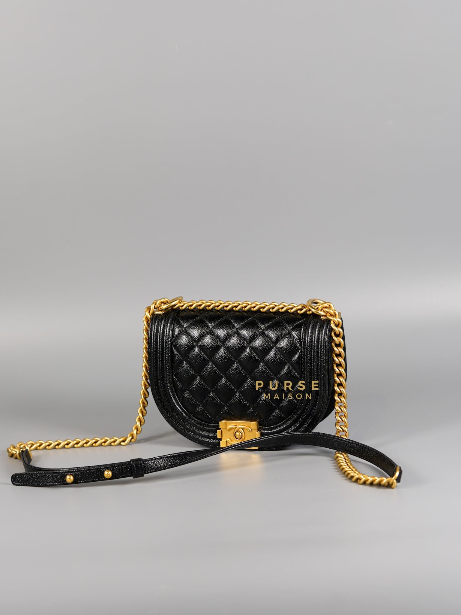 Boy Crescent Messenger Small Bag in Shiny Black Caviar & Aged Gold Hardware (Microchip) | Purse Maison Luxury Bags Shop