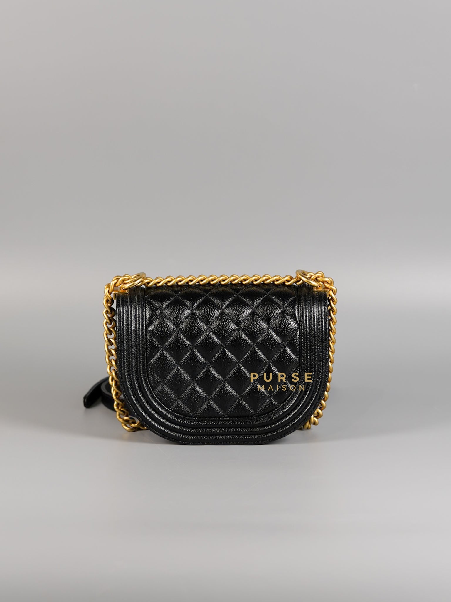 Boy Crescent Messenger Small Bag in Shiny Black Caviar & Aged Gold Hardware (Microchip) | Purse Maison Luxury Bags Shop