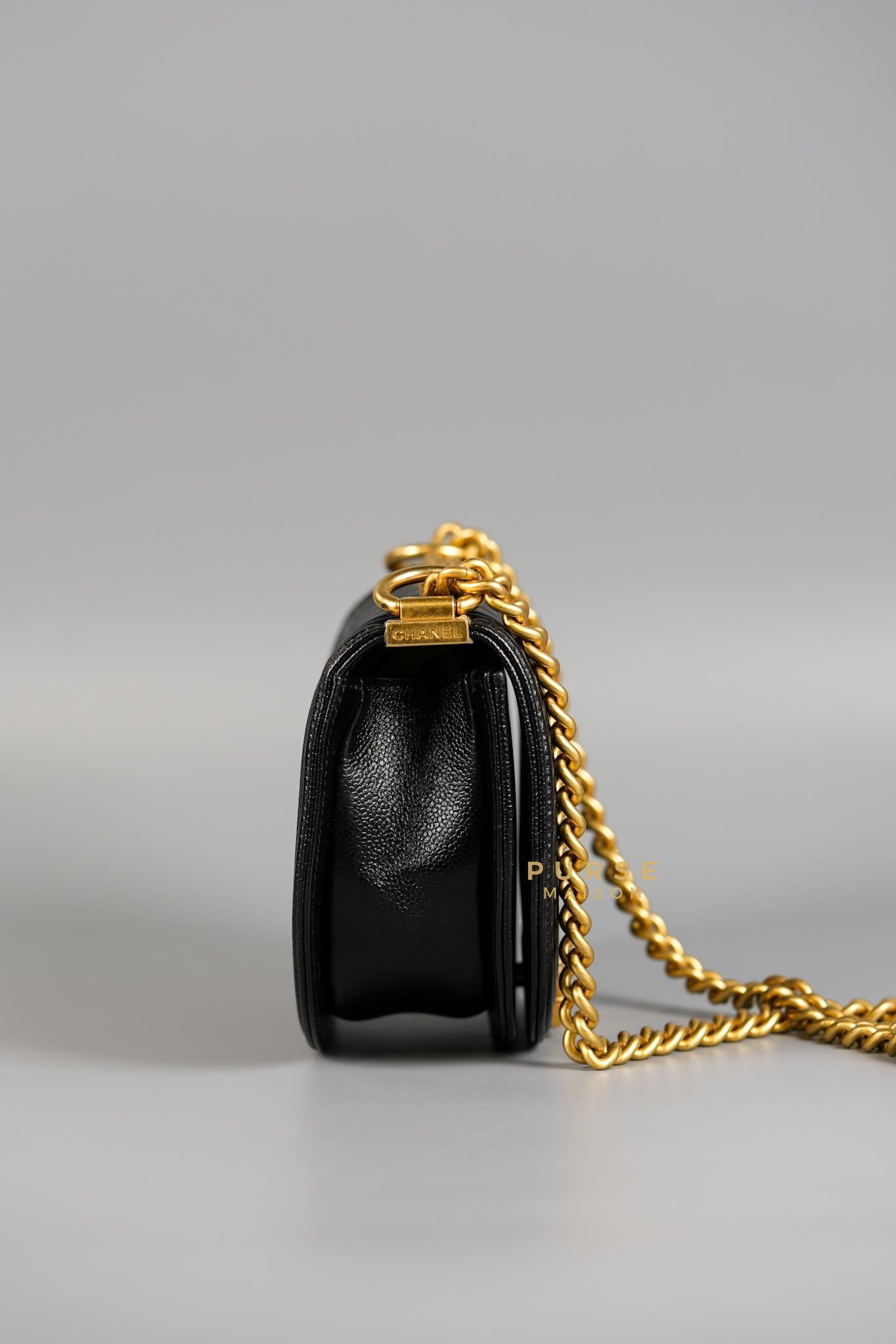 Boy Crescent Messenger Small Bag in Shiny Black Caviar & Aged Gold Hardware (Microchip) | Purse Maison Luxury Bags Shop