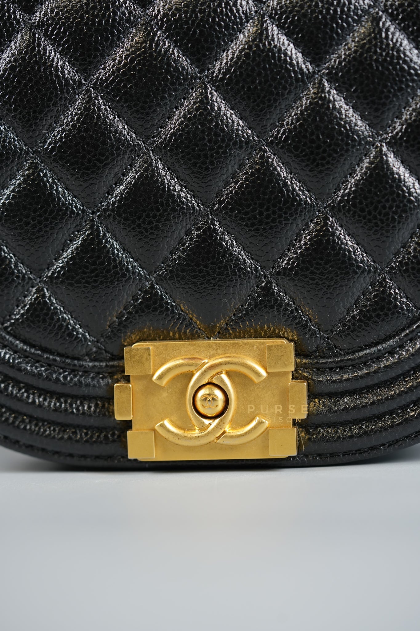 Boy Crescent Messenger Small Bag in Shiny Black Caviar & Aged Gold Hardware (Microchip) | Purse Maison Luxury Bags Shop