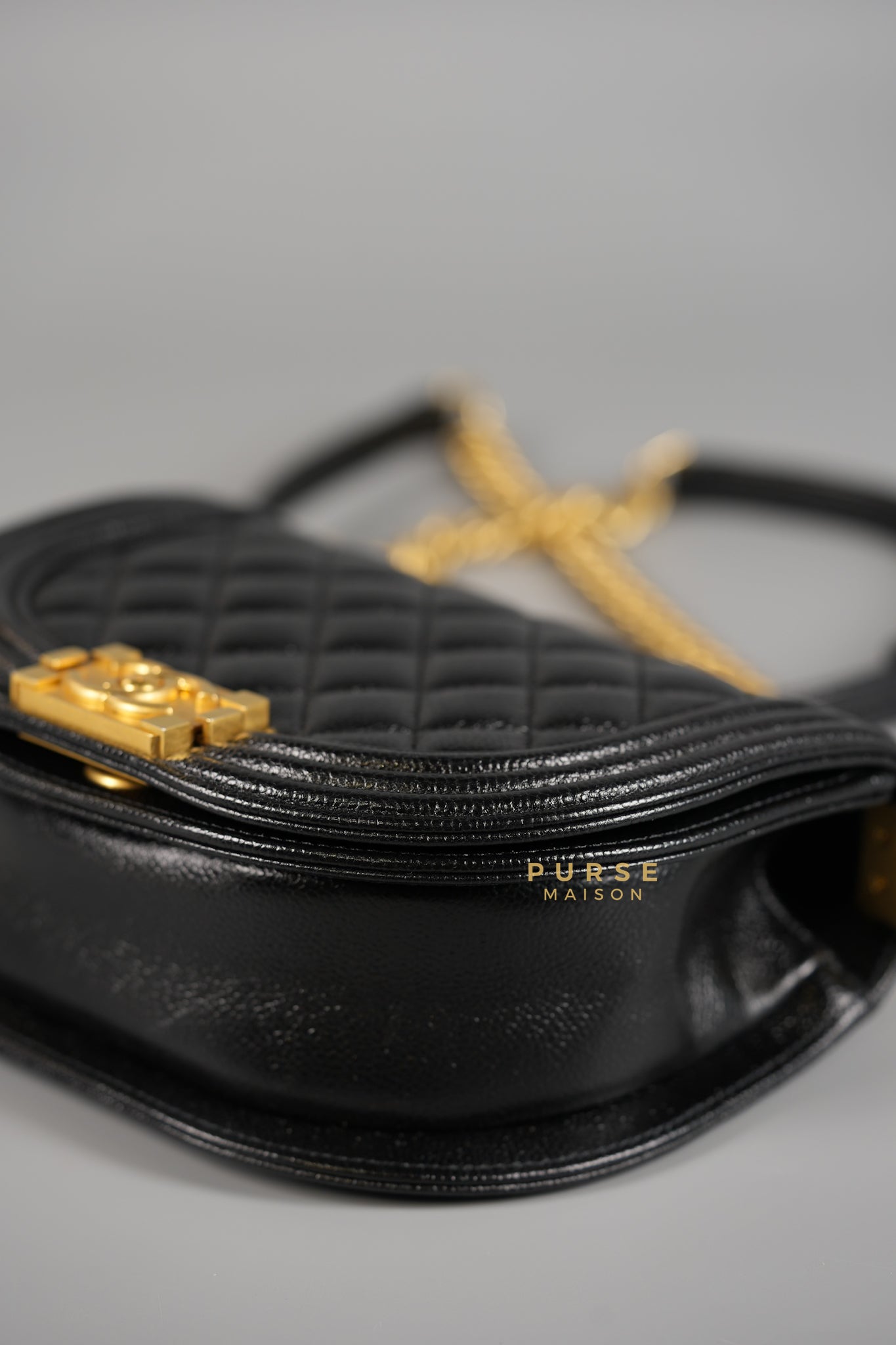 Boy Crescent Messenger Small Bag in Shiny Black Caviar & Aged Gold Hardware (Microchip) | Purse Maison Luxury Bags Shop