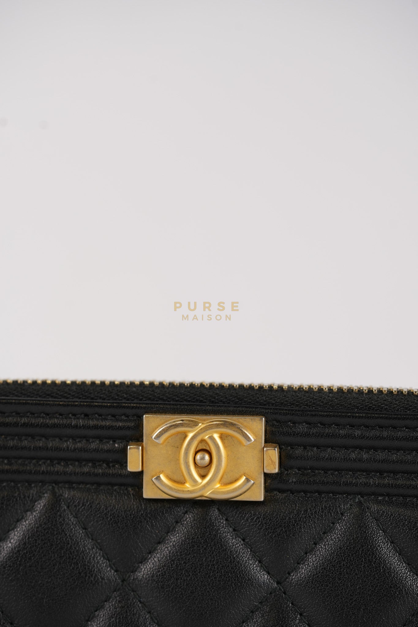 Boy Double Zip Wallet On Chain in Black Quilted Lambskin Leather & Aged Gold Hardware Series 24 | Purse Maison Luxury Bags Shop