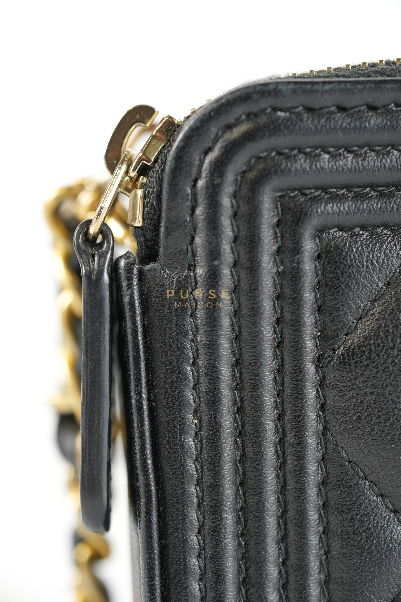 Boy Double Zip Wallet On Chain in Black Quilted Lambskin Leather & Aged Gold Hardware Series 24 | Purse Maison Luxury Bags Shop