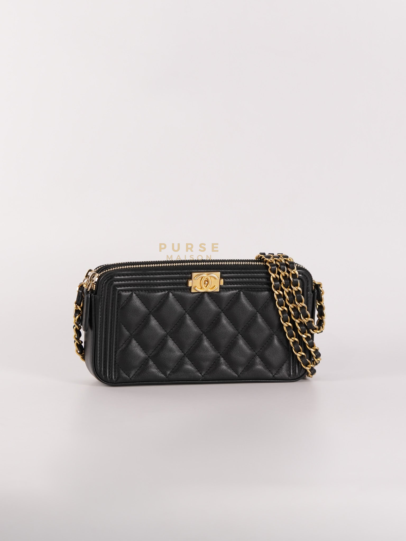 Boy Double Zip Wallet On Chain in Black Quilted Lambskin Leather & Aged Gold Hardware Series 24 | Purse Maison Luxury Bags Shop