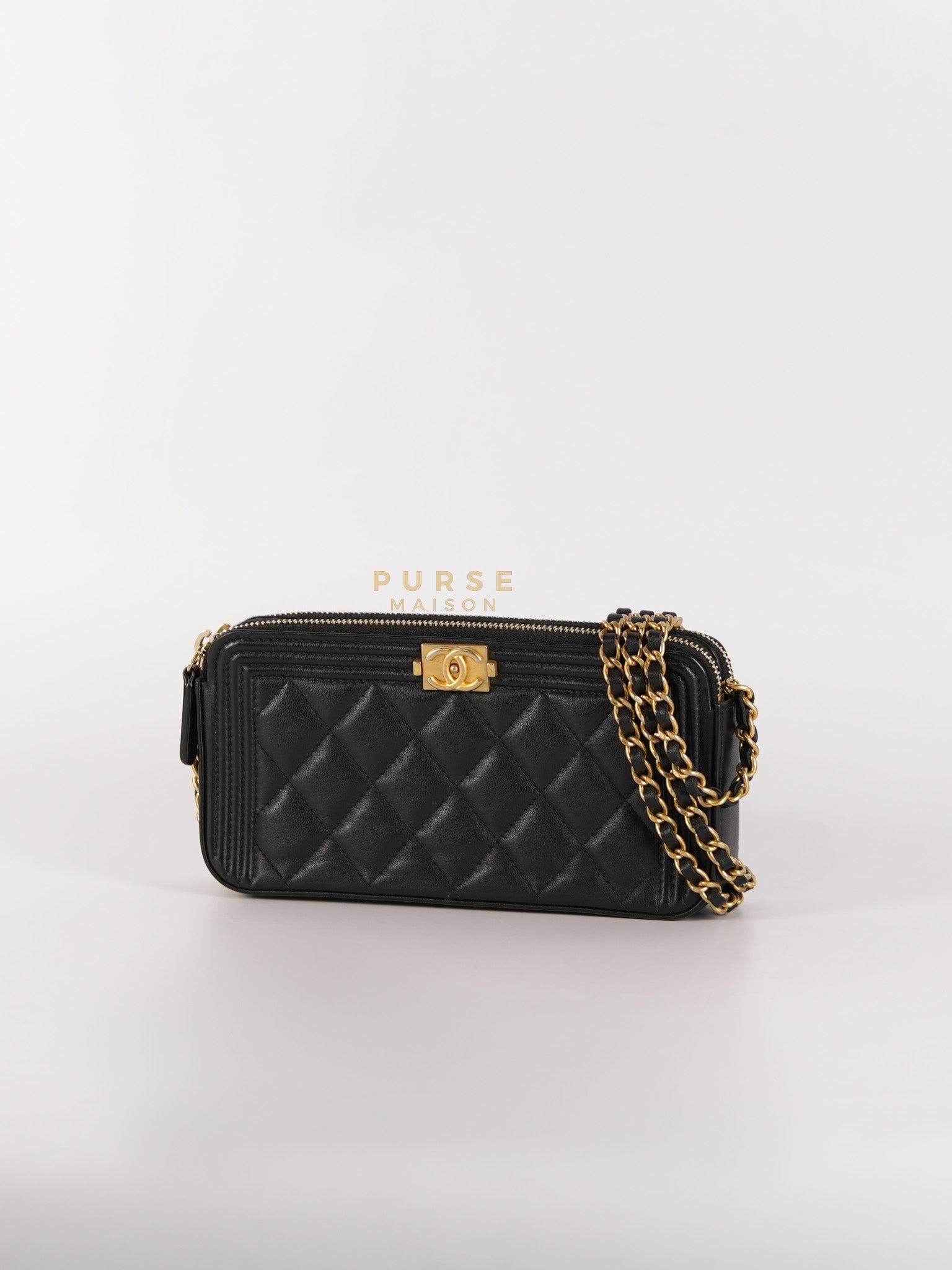 Boy Double Zip Wallet On Chain in Black Quilted Lambskin Leather & Aged Gold Hardware Series 24 | Purse Maison Luxury Bags Shop