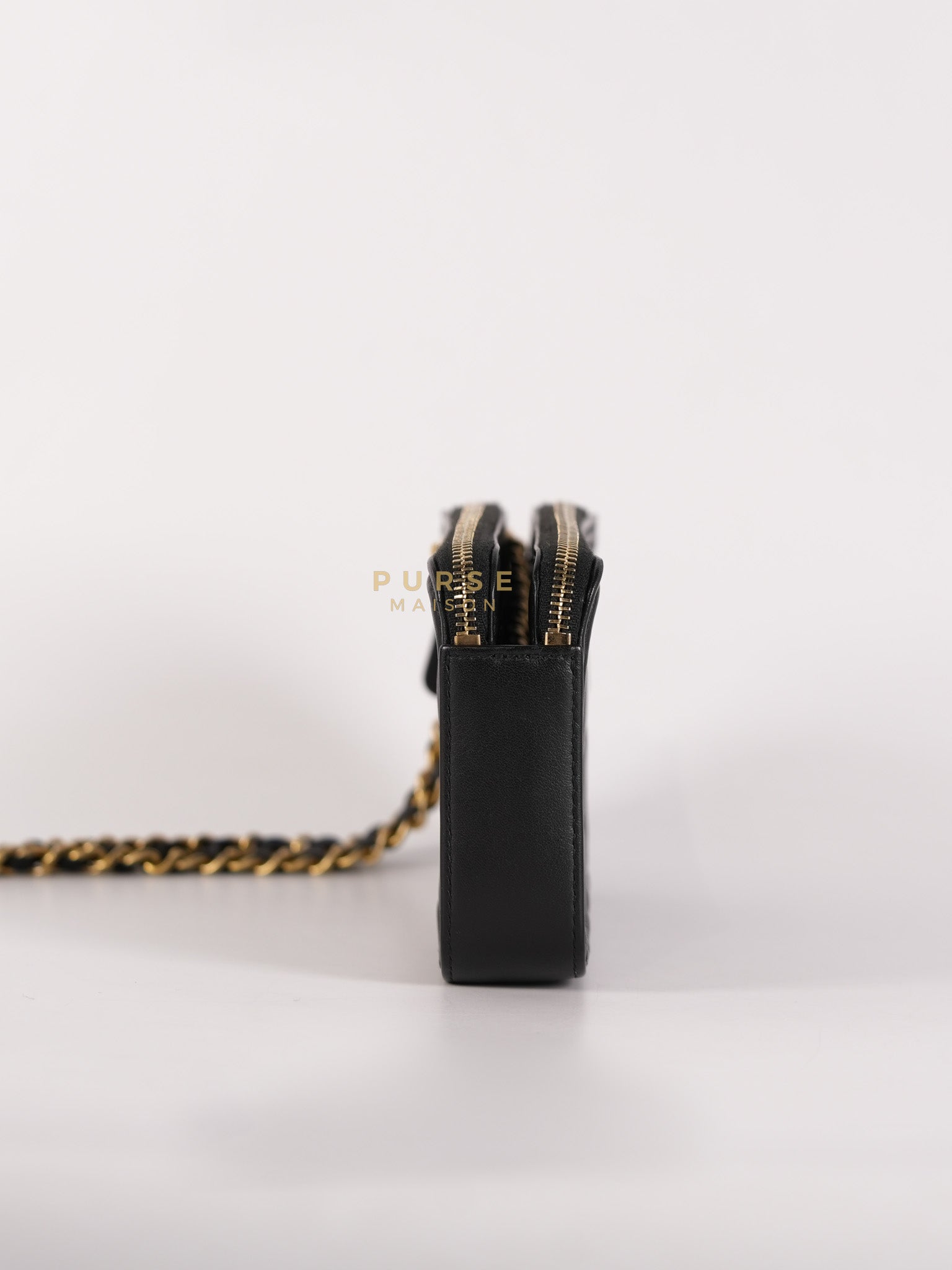 Boy Double Zip Wallet On Chain in Black Quilted Lambskin Leather & Aged Gold Hardware Series 24 | Purse Maison Luxury Bags Shop