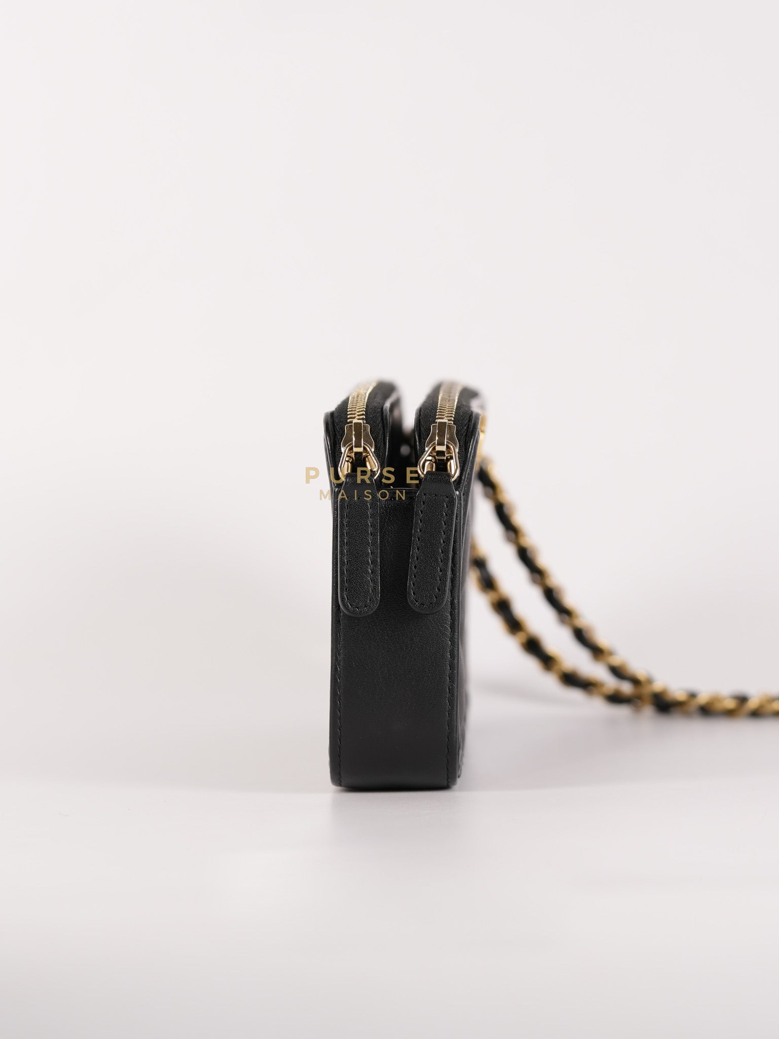 Boy Double Zip Wallet On Chain in Black Quilted Lambskin Leather & Aged Gold Hardware Series 24 | Purse Maison Luxury Bags Shop