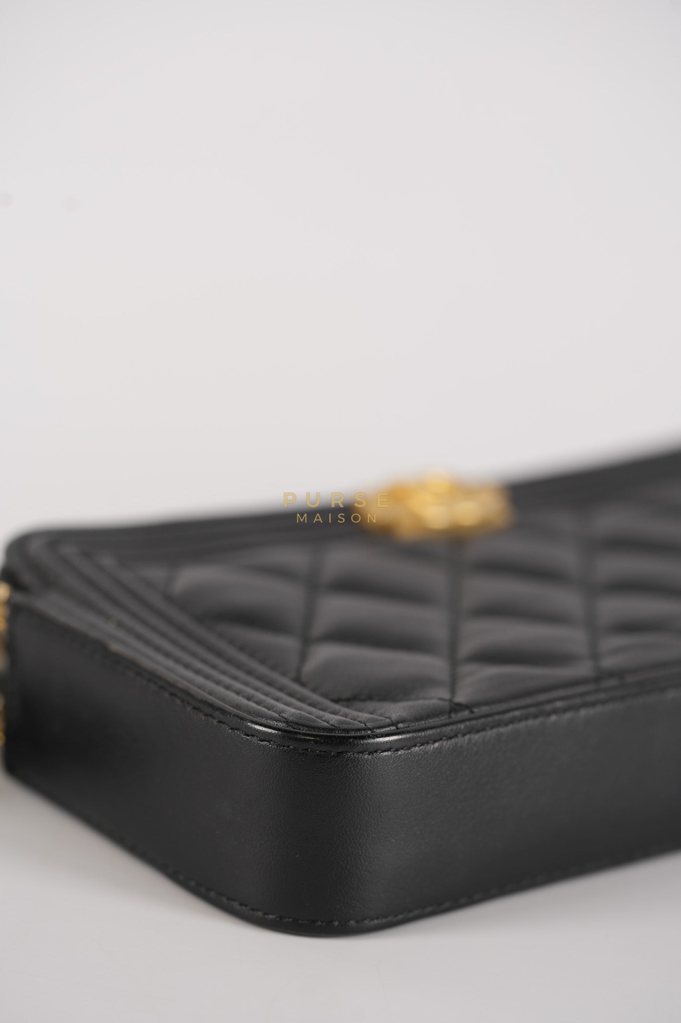 Boy Double Zip Wallet On Chain in Black Quilted Lambskin Leather & Aged Gold Hardware Series 24 | Purse Maison Luxury Bags Shop
