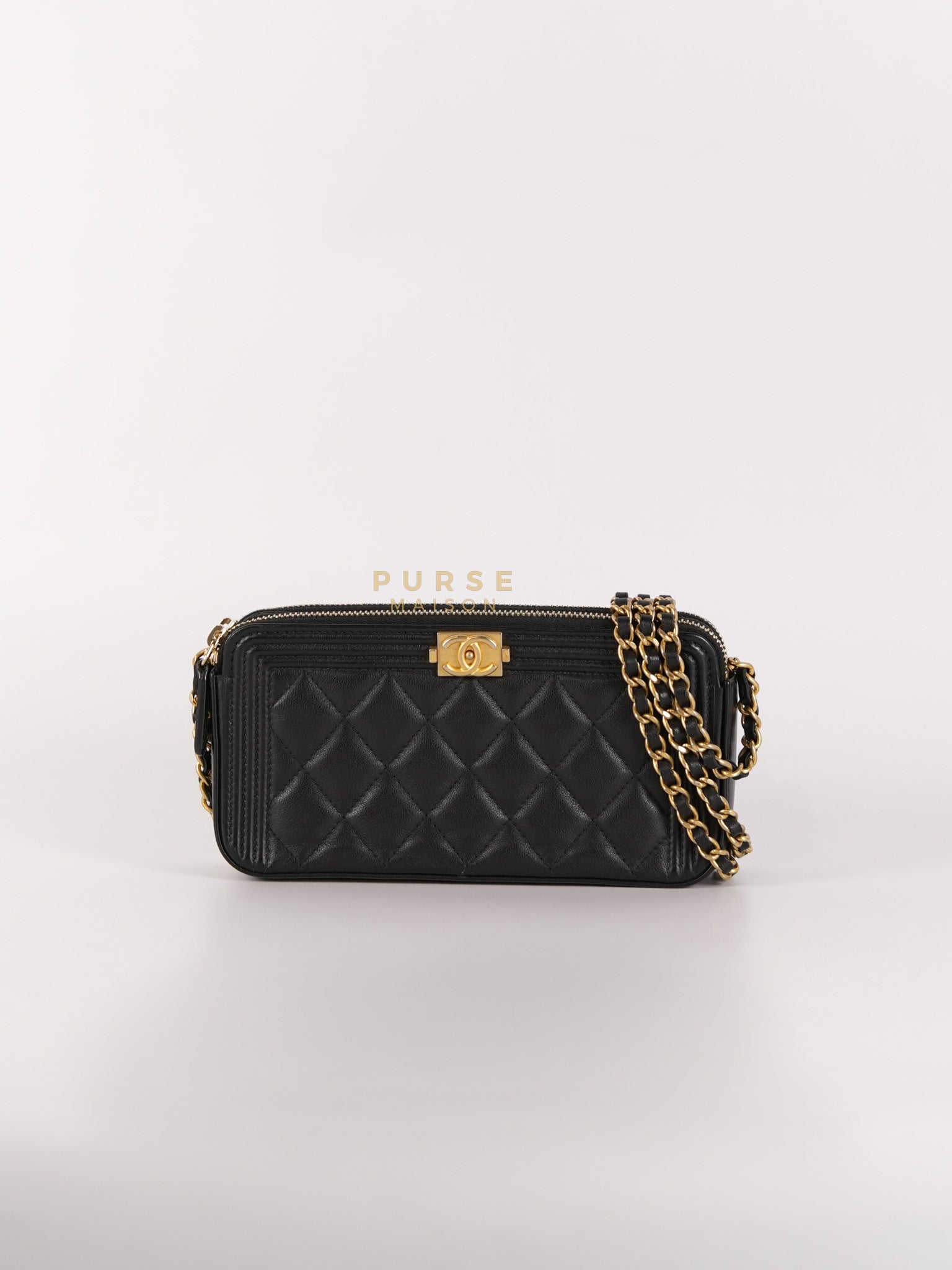 Boy Double Zip Wallet On Chain in Black Quilted Lambskin Leather & Aged Gold Hardware Series 24 | Purse Maison Luxury Bags Shop
