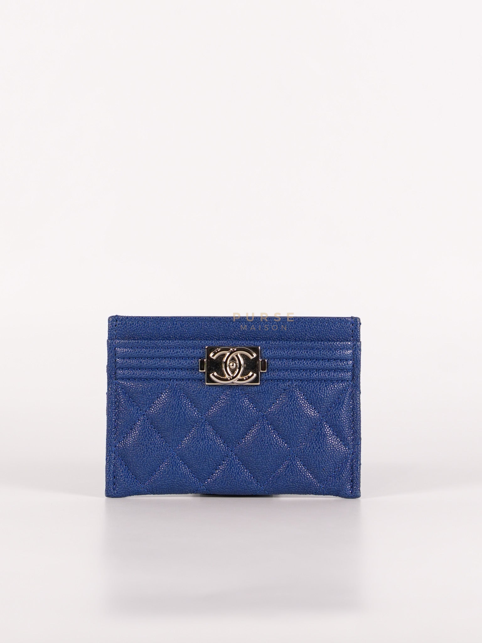 Boy Flat Card Holder in Blue Caviar Leather and Silver Hardware Series 29 | Purse Maison Luxury Bags Shop