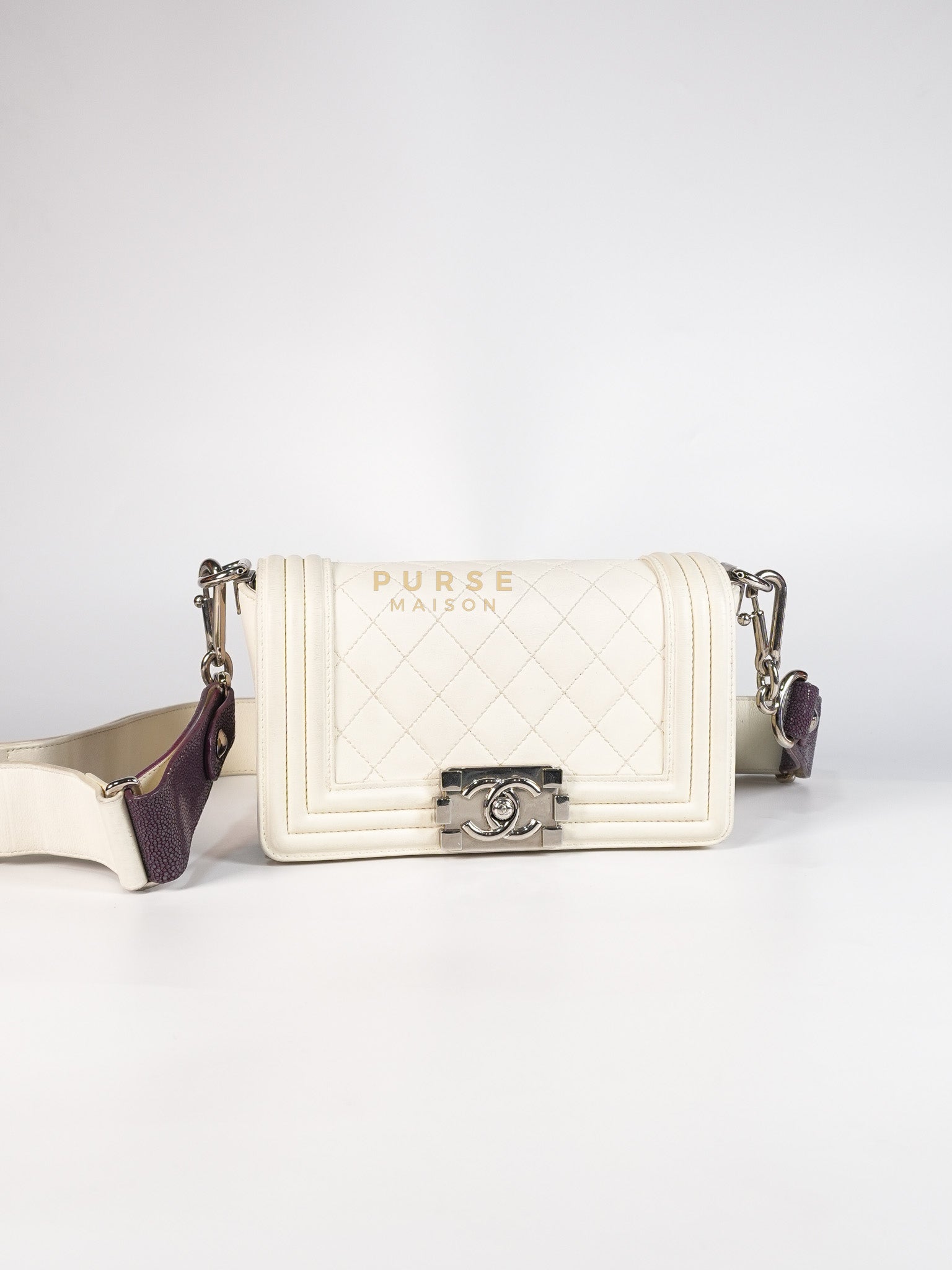 Boy Galuchat Mini Flap Bag in White Quilted Lambskin Leather & Silver Hardware Series 16 | Purse Maison Luxury Bags Shop