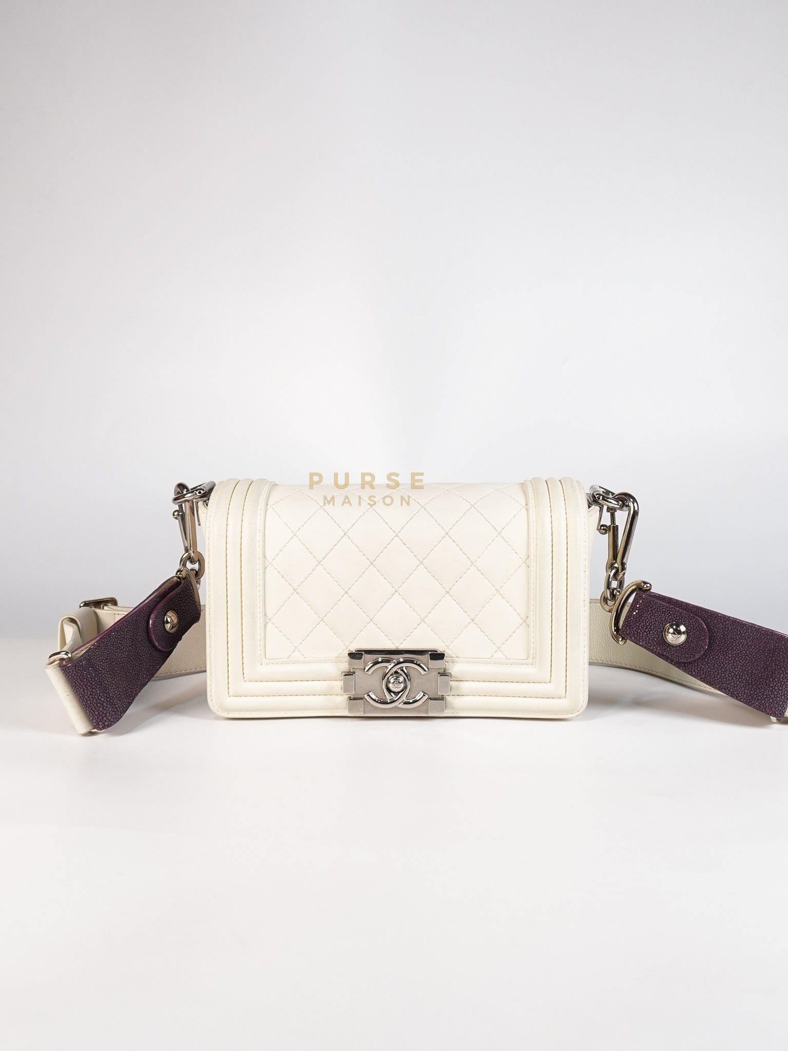 Boy Galuchat Mini Flap Bag in White Quilted Lambskin Leather & Silver Hardware Series 16 | Purse Maison Luxury Bags Shop