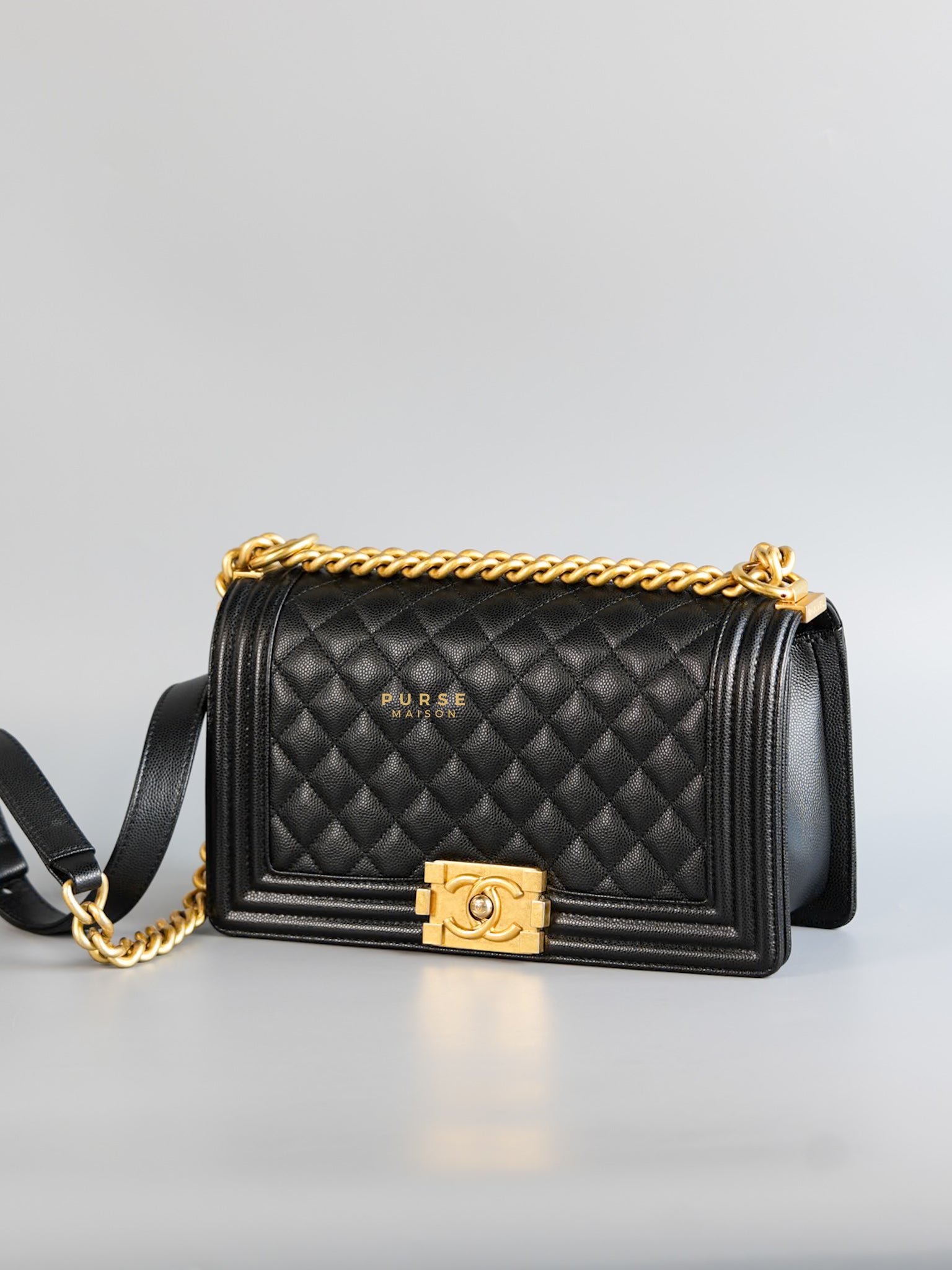 Boy Medium Black Quilted Caviar and Aged Gold Hardware Series 30 | Purse Maison Luxury Bags Shop