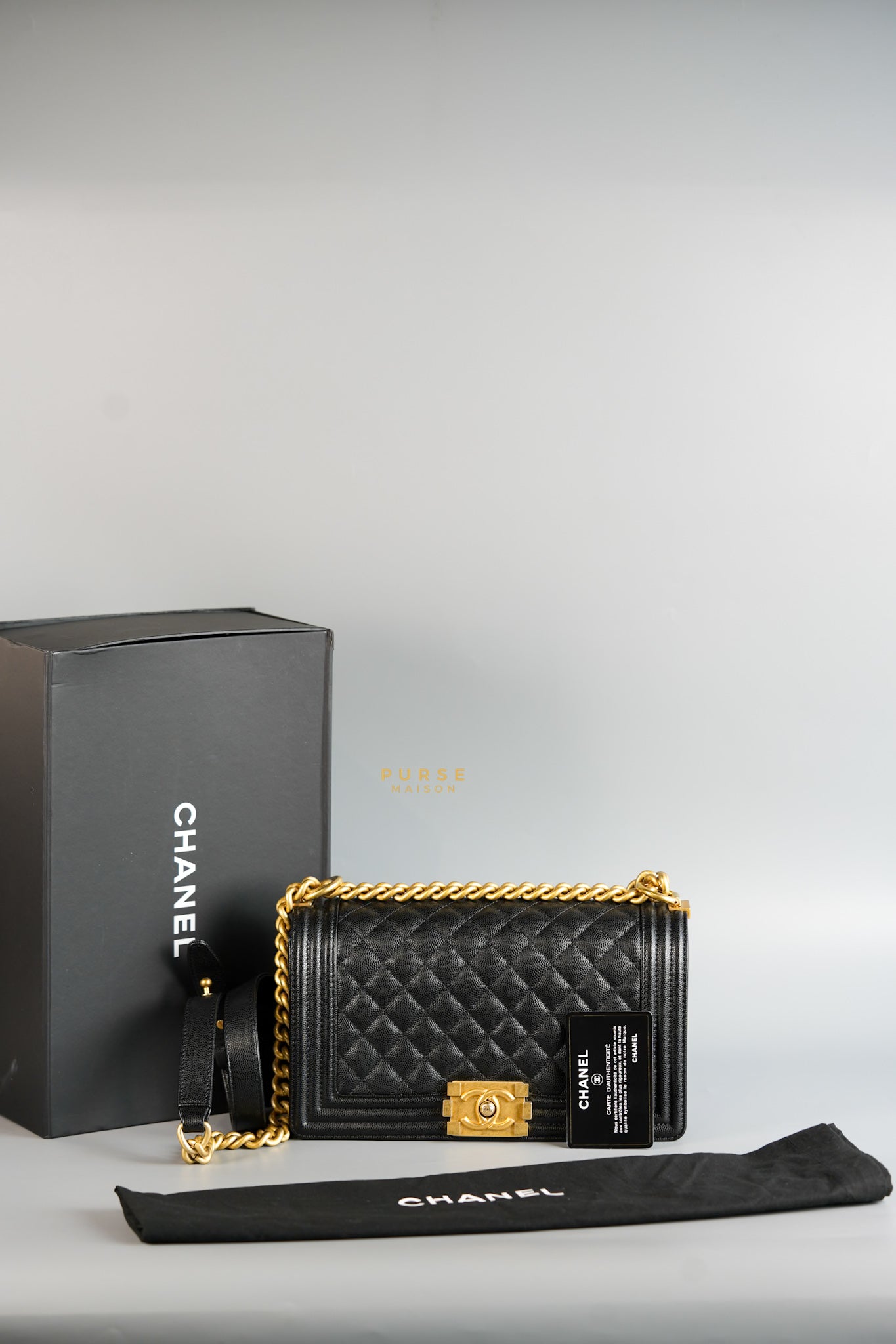 Boy Medium Black Quilted Caviar and Aged Gold Hardware Series 30 | Purse Maison Luxury Bags Shop