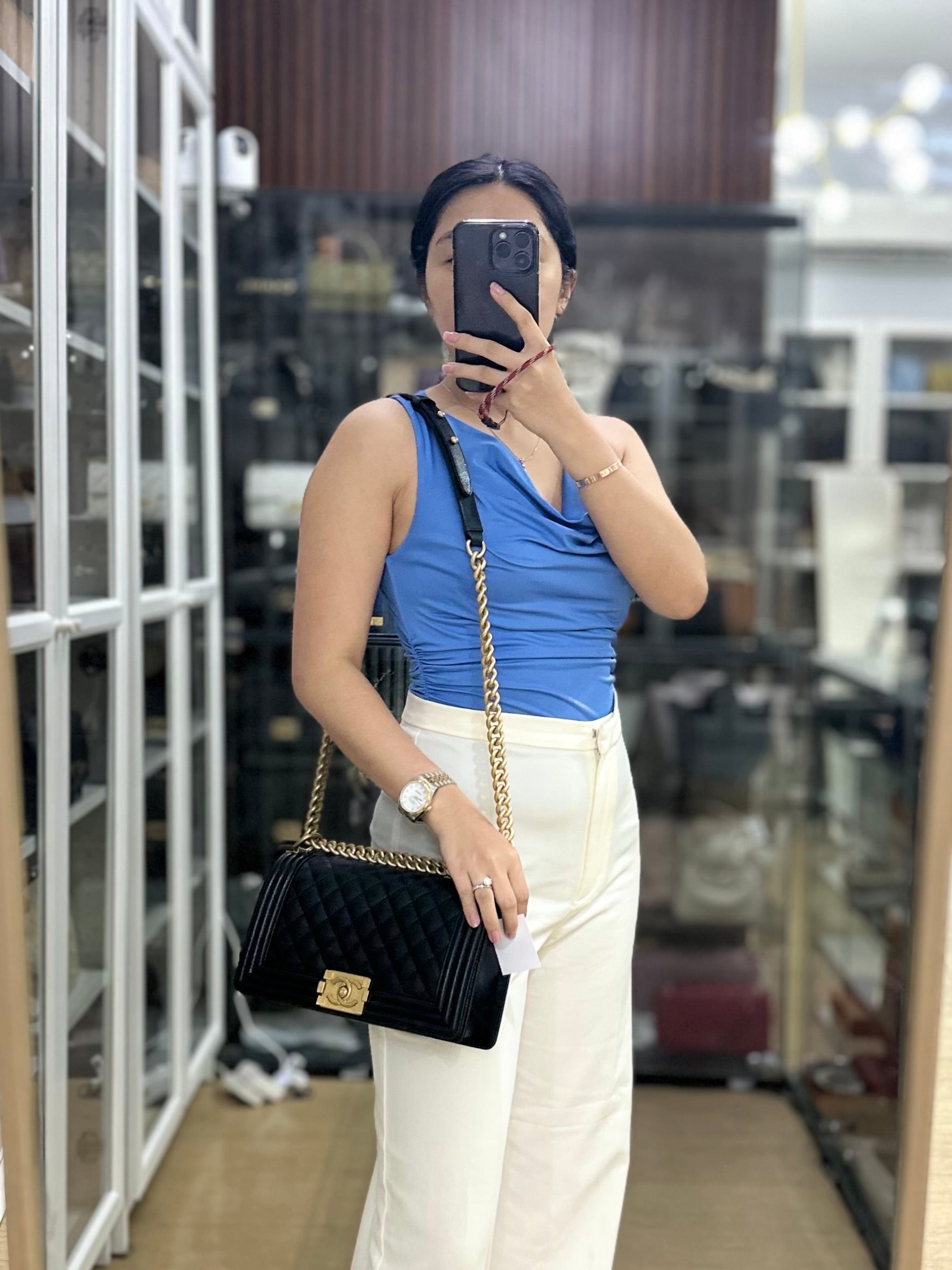 Boy Medium Black Quilted Caviar and Aged Gold Hardware Series 30 | Purse Maison Luxury Bags Shop