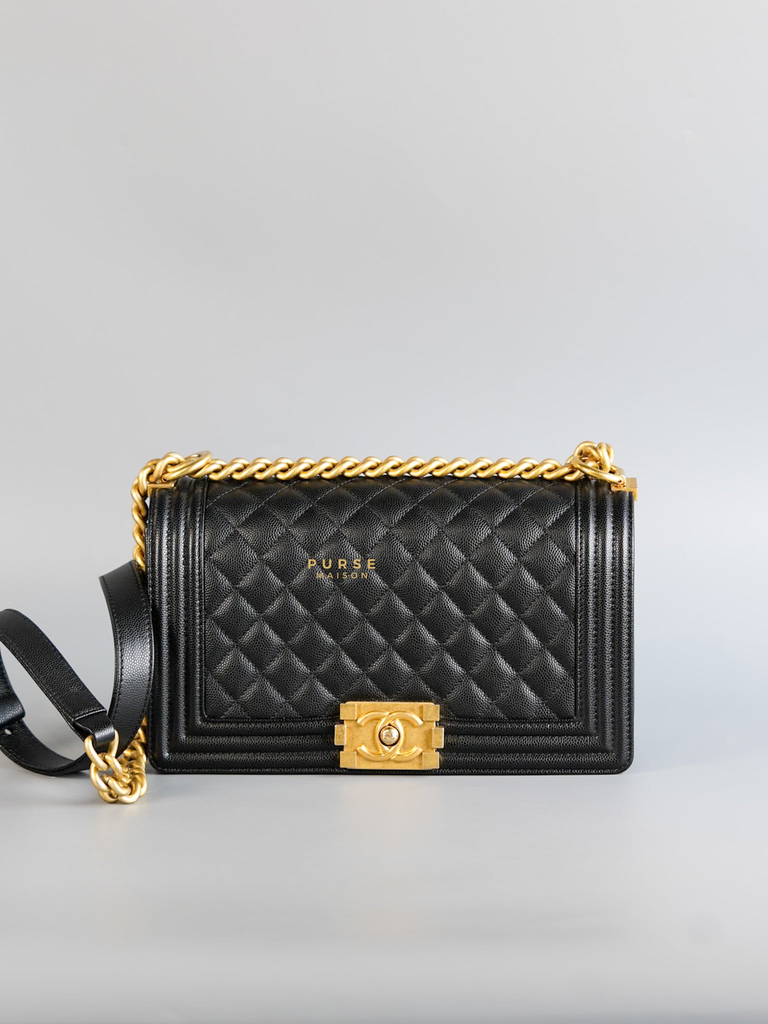 Boy Medium Black Quilted Caviar and Aged Gold Hardware Series 30 | Purse Maison Luxury Bags Shop