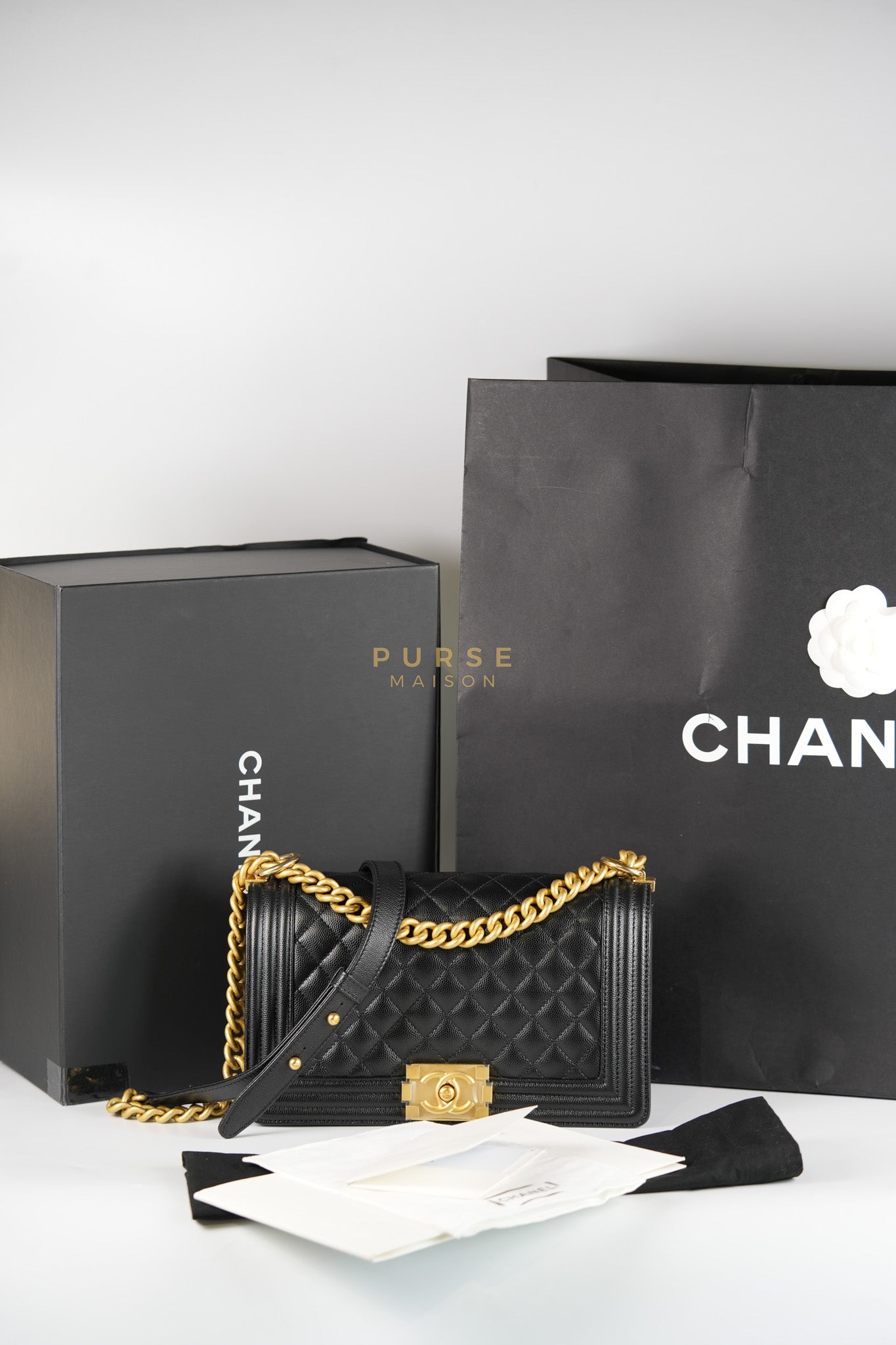 Boy Medium in Black Caviar Leather and Aged Gold Hardware (Microchip) | Purse Maison Luxury Bags Shop