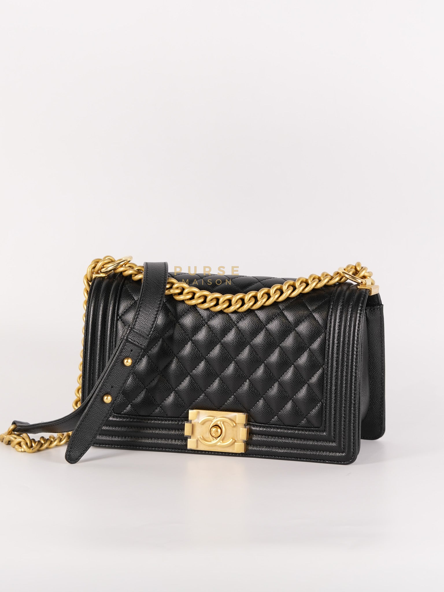 Boy Medium in Black Caviar Leather and Aged Gold Hardware (Microchip) | Purse Maison Luxury Bags Shop
