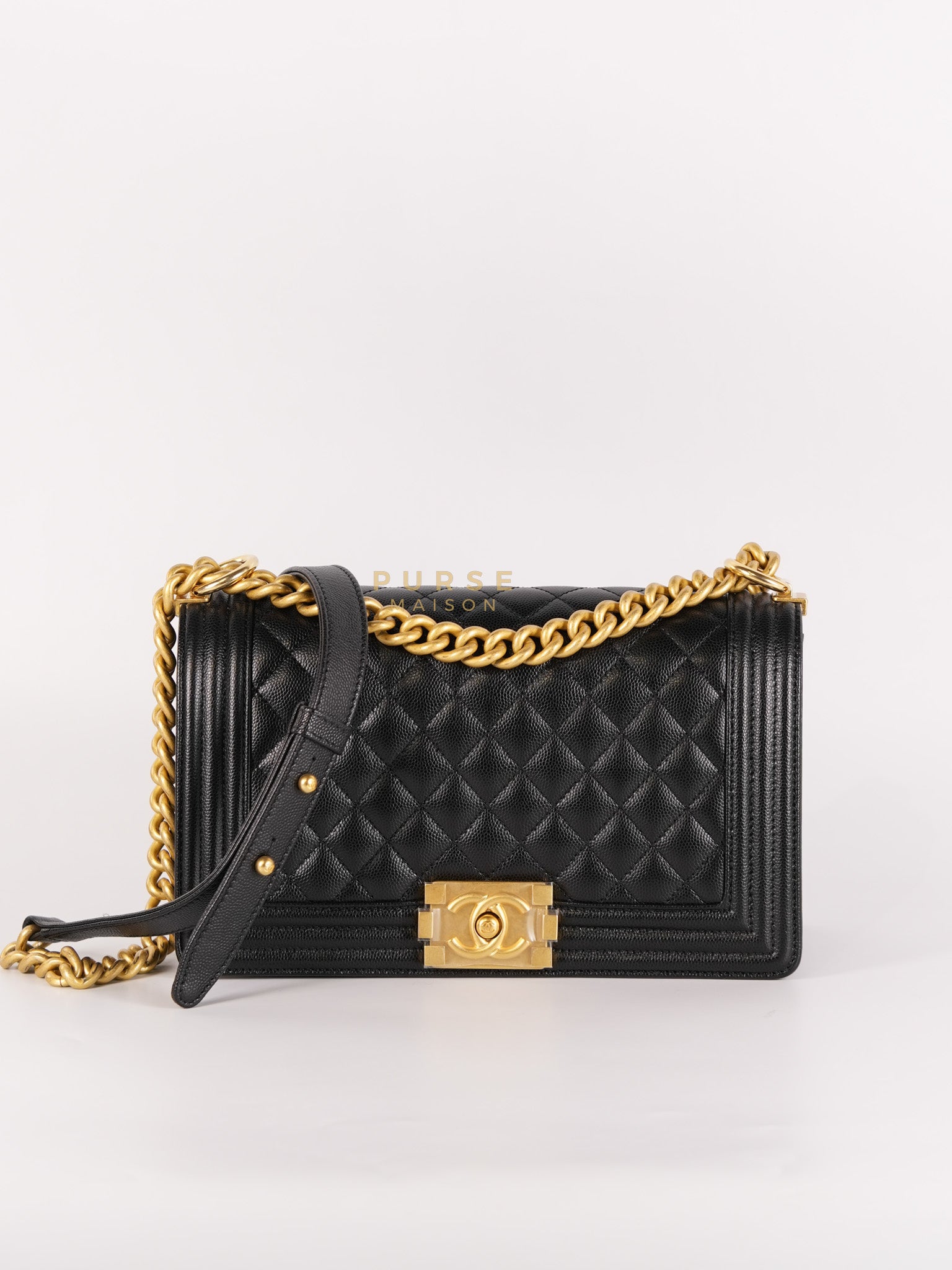 Boy Medium in Black Caviar Leather and Aged Gold Hardware (Microchip) | Purse Maison Luxury Bags Shop
